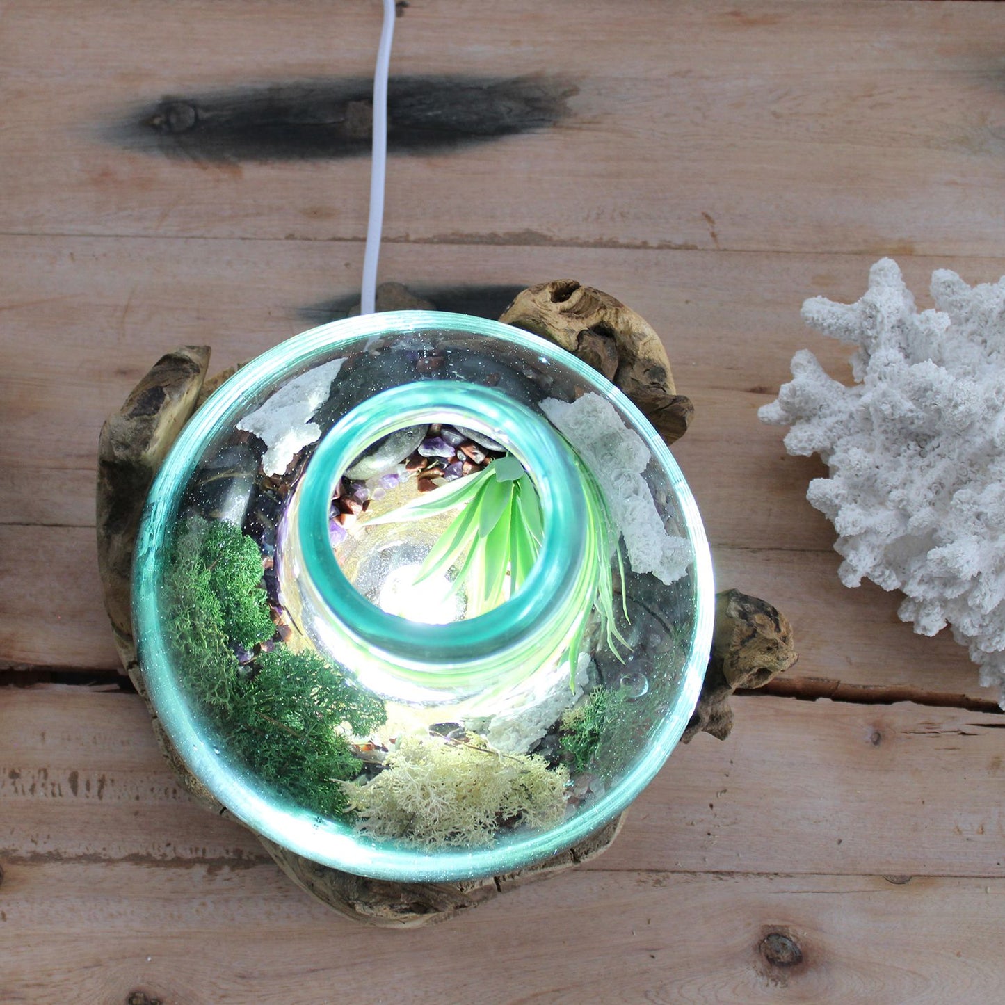 Handmade Molten Recycled Glass Vase with Light on Wood - Oval / Clear / Light Blue