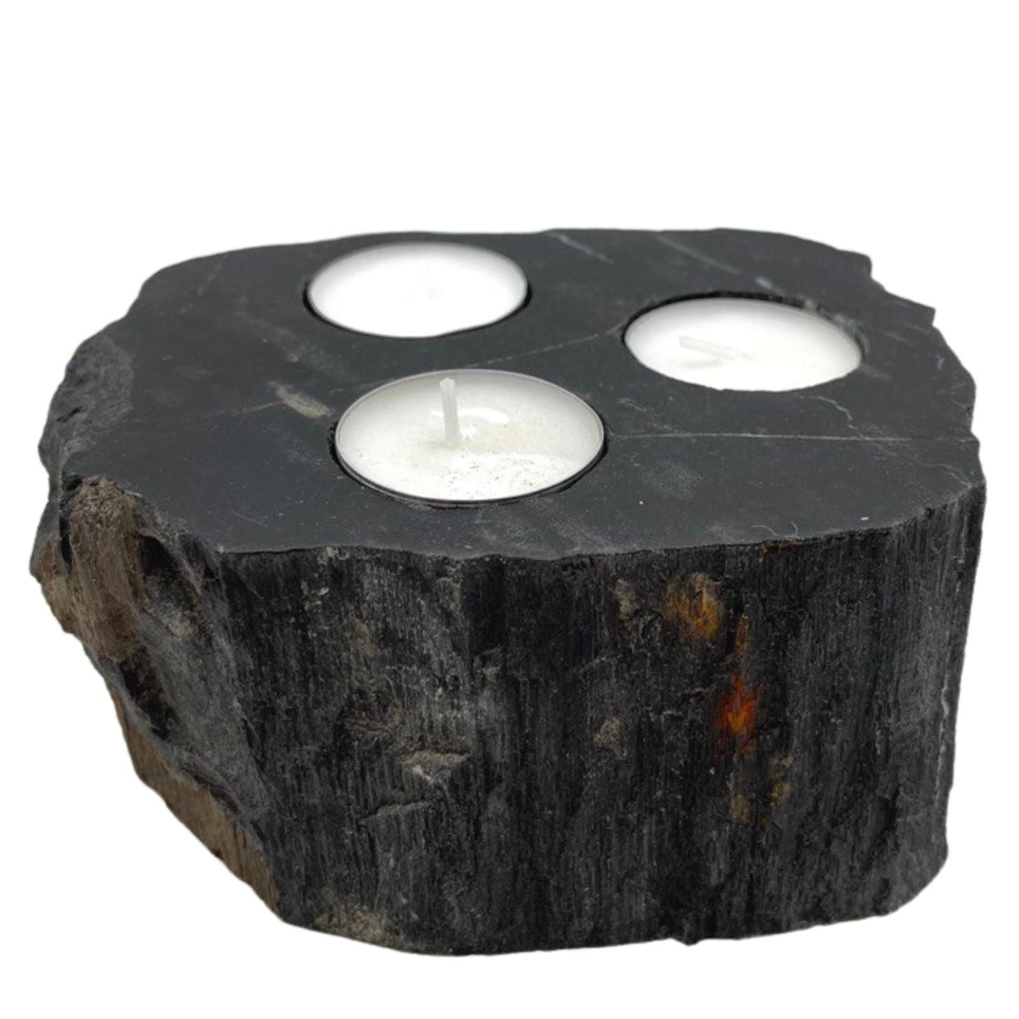 Hand Carved Petrified Wooden Tea Light Candle Holder - Triple