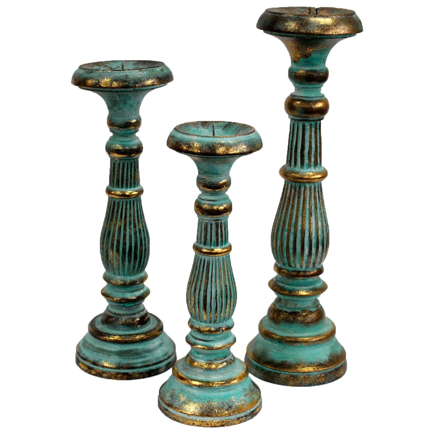 Wooden Handmade and Hand Painted Vintage Candle Holder Stand - Medium / Turquoise and Gold