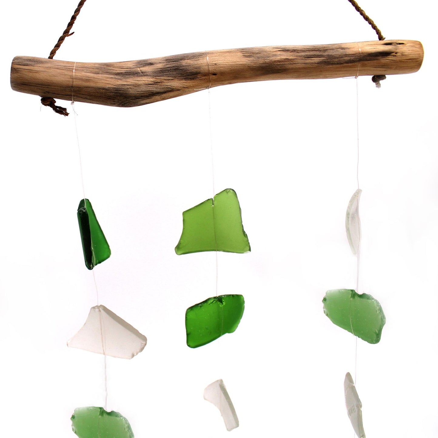 Handmade Driftwood and Recycled Glass Wind Chime - Three Drop / Green and White