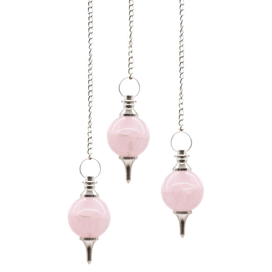 1 x Handmade Spherical Radiesthesia Pendulum - Rose Quartz Gemstone product packaging on clean background from Quintessential Holistic Health Ltd