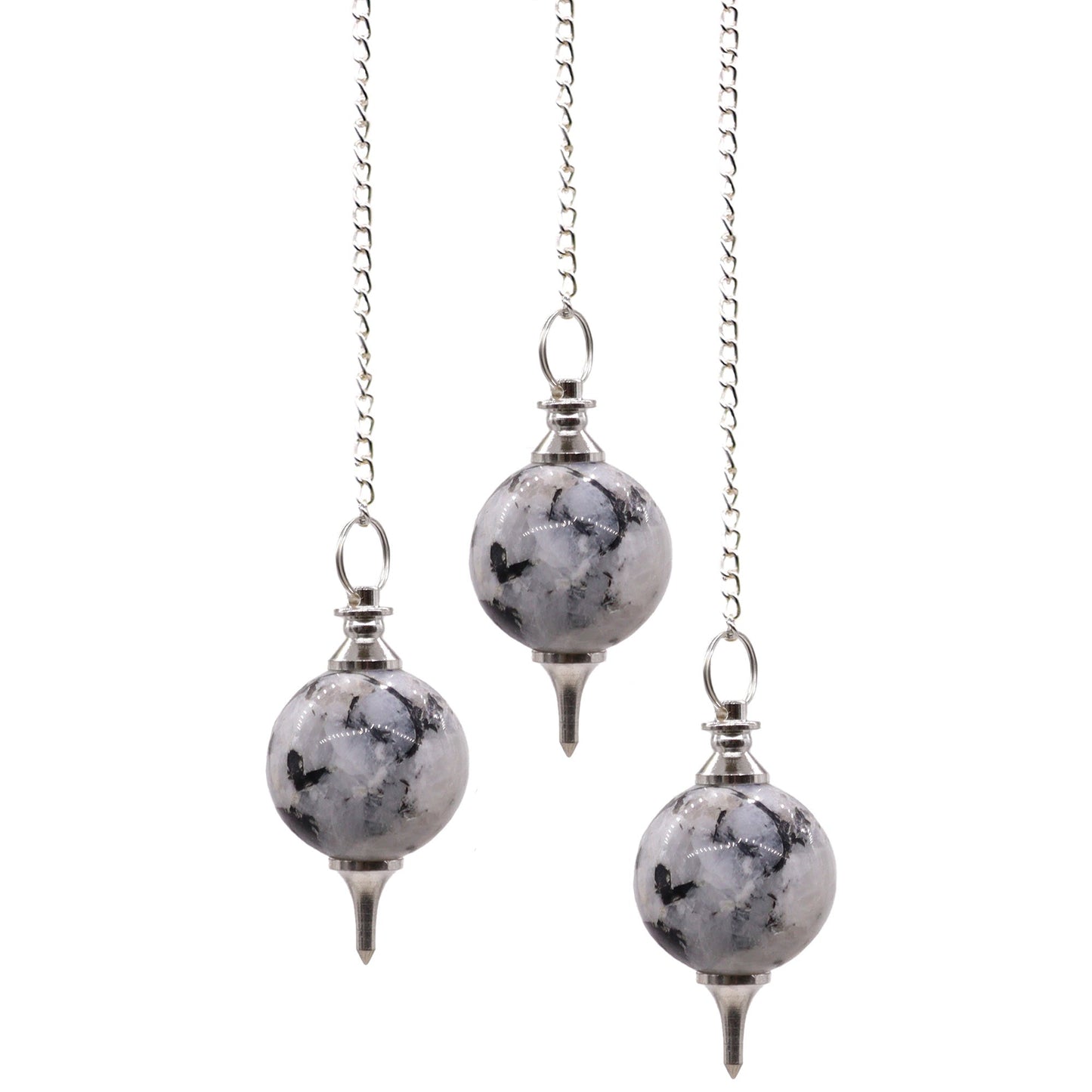 1 x Handmade Spherical Radiesthesia Pendulum - Rainbow Moonstone Gemstone product packaging on clean background from Quintessential Holistic Health Ltd