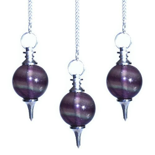 1 x Handmade Spherical Radiesthesia Pendulum - Purple Fluorite Gemstone product packaging on clean background from Quintessential Holistic Health Ltd