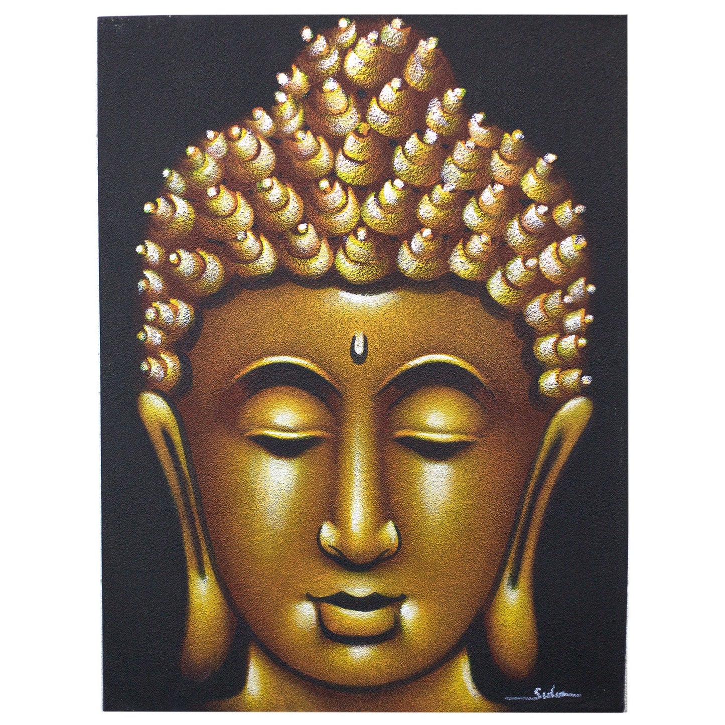 Hand-Painted Buddha Painting - Gold Sand Finish, gold Buddha head with closed eyes against black by Quintessential Holistic Health Ltd