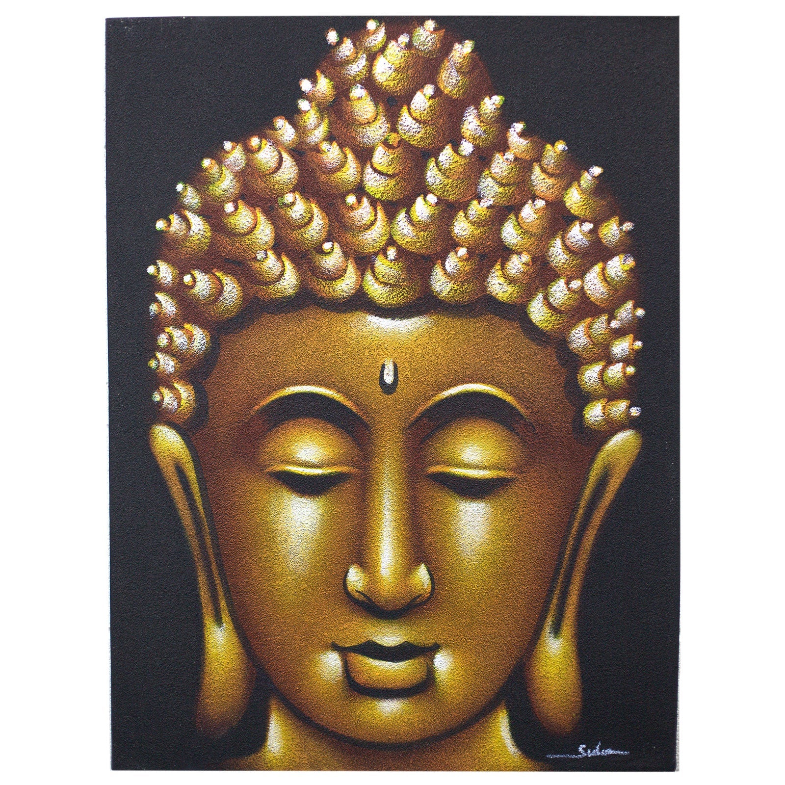 Hand-Painted Buddha Painting - Gold Sand Finish, gold Buddha head with closed eyes against black by Quintessential Holistic Health Ltd