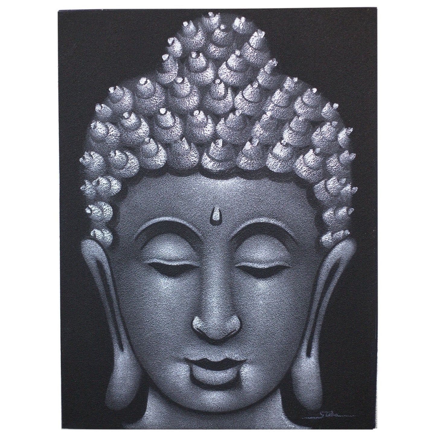 Hand-Painted Buddha Painting - Grey Sand Finish, grey Buddha head with closed eyes against black by Quintessential Holistic Health Ltd