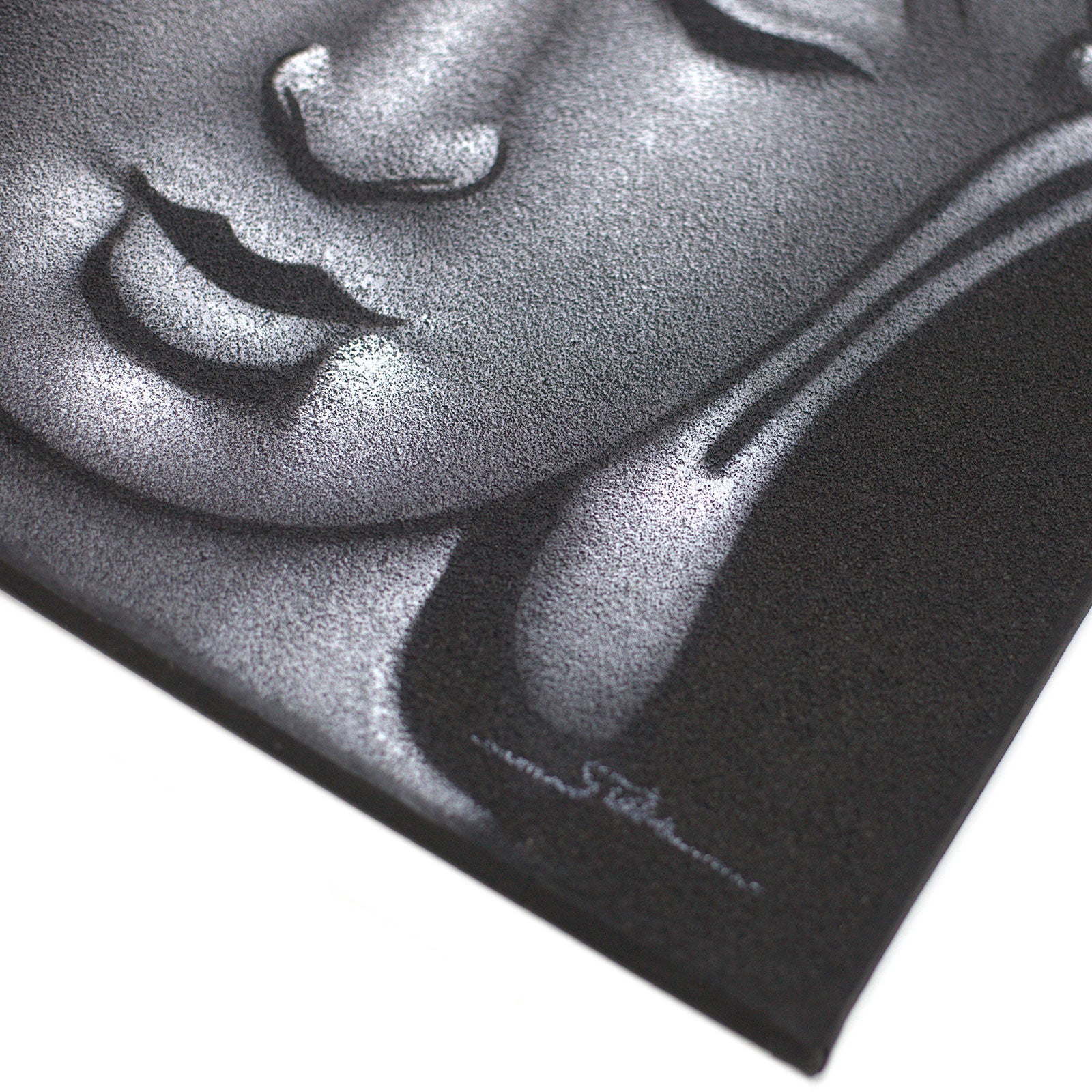 Hand-Painted Buddha Painting - Grey Sand Finish, close-up of the grey face, lips, curved neck and signed corner by Quintessential Holistic Health Ltd