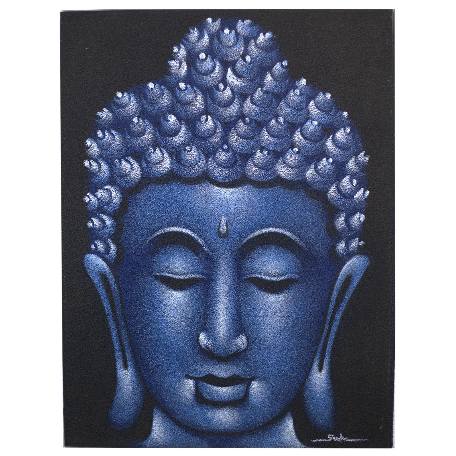Hand-Painted Buddha Painting - Blue Sand Finish, showing a blue Buddha head with closed eyes on black, by Quintessential Holistic Health Ltd
