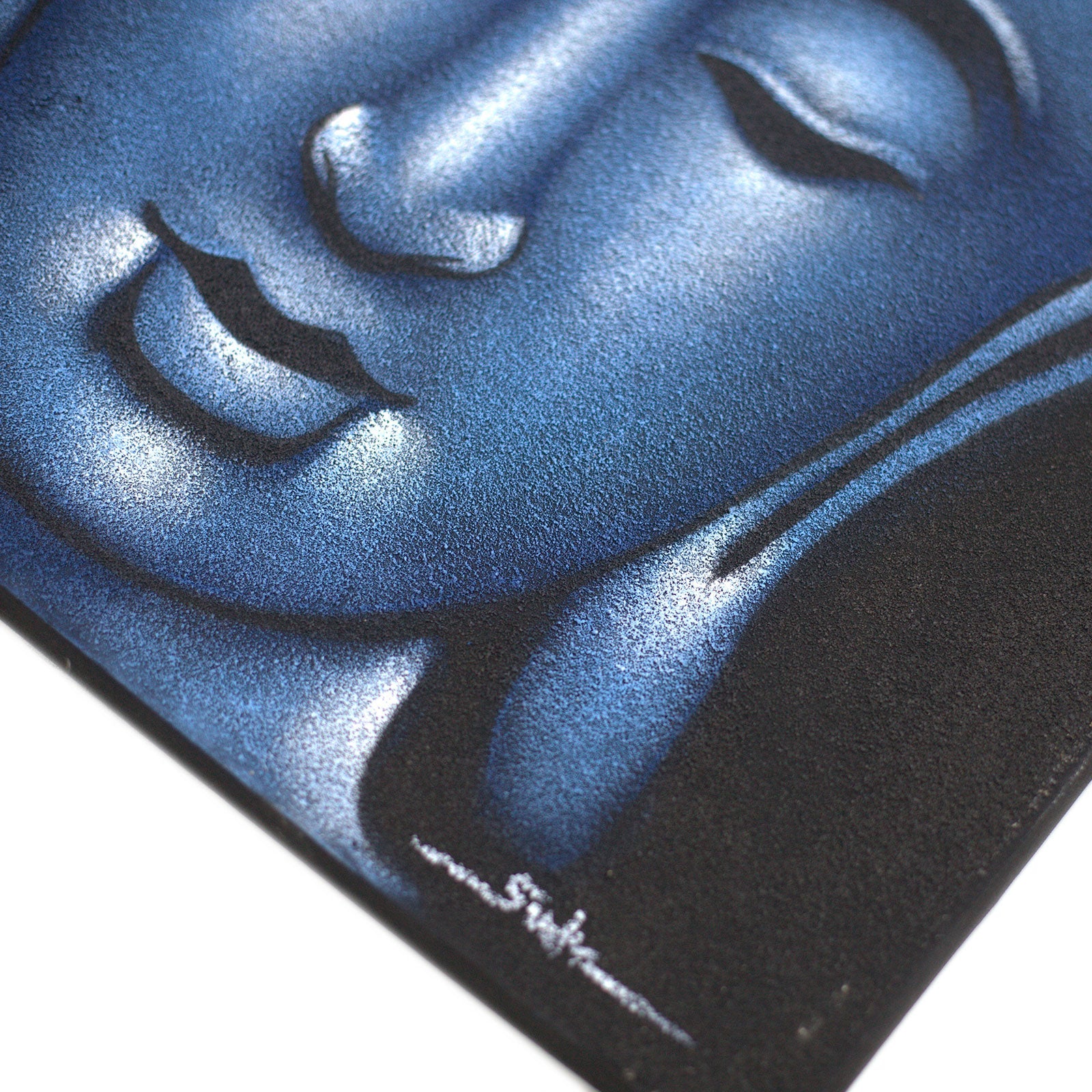 Hand-Painted Buddha Painting - Blue Sand Finish, close-up of the blue face, closed eyes and elongated earlobe, by Quintessential Holistic Health Ltd
