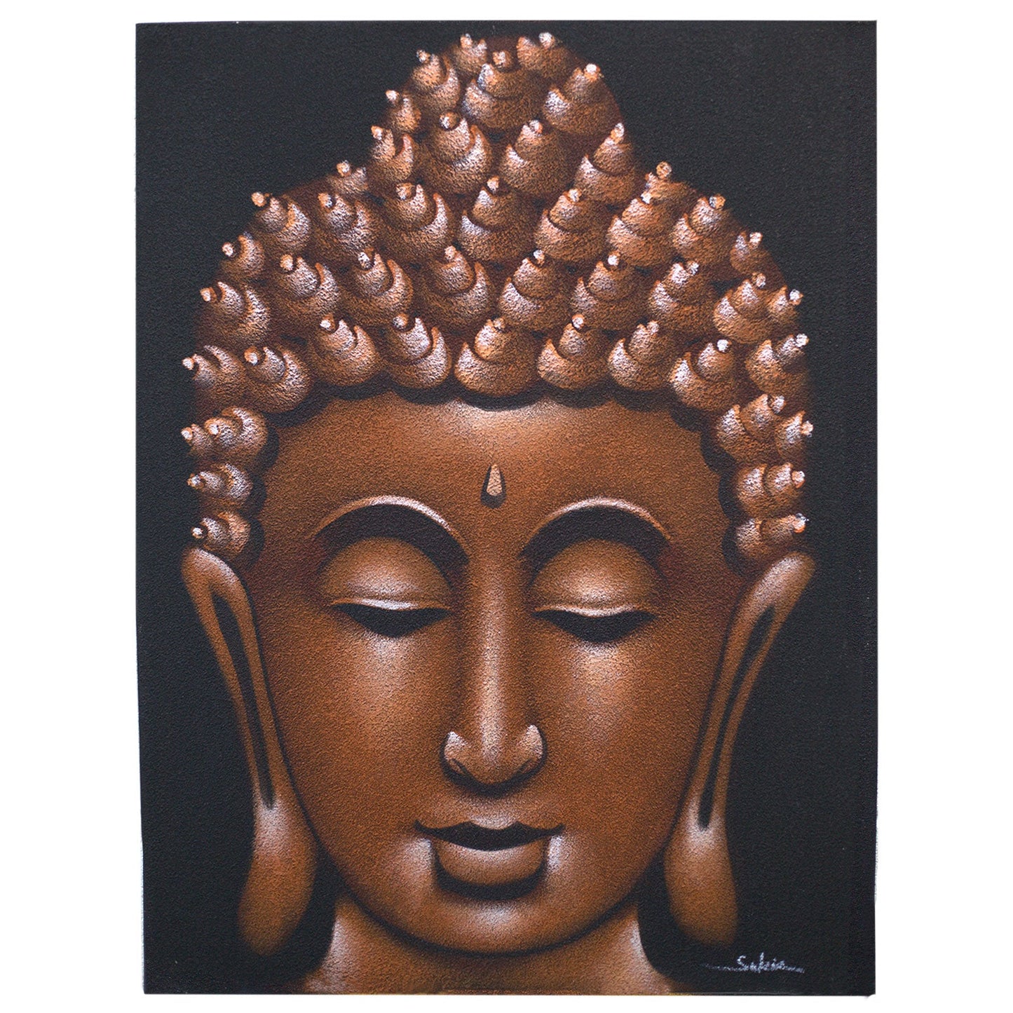 Hand-Painted Buddha Painting - Copper Sand Finish, showing a copper Buddha head with closed eyes on black, by Quintessential Holistic Health Ltd