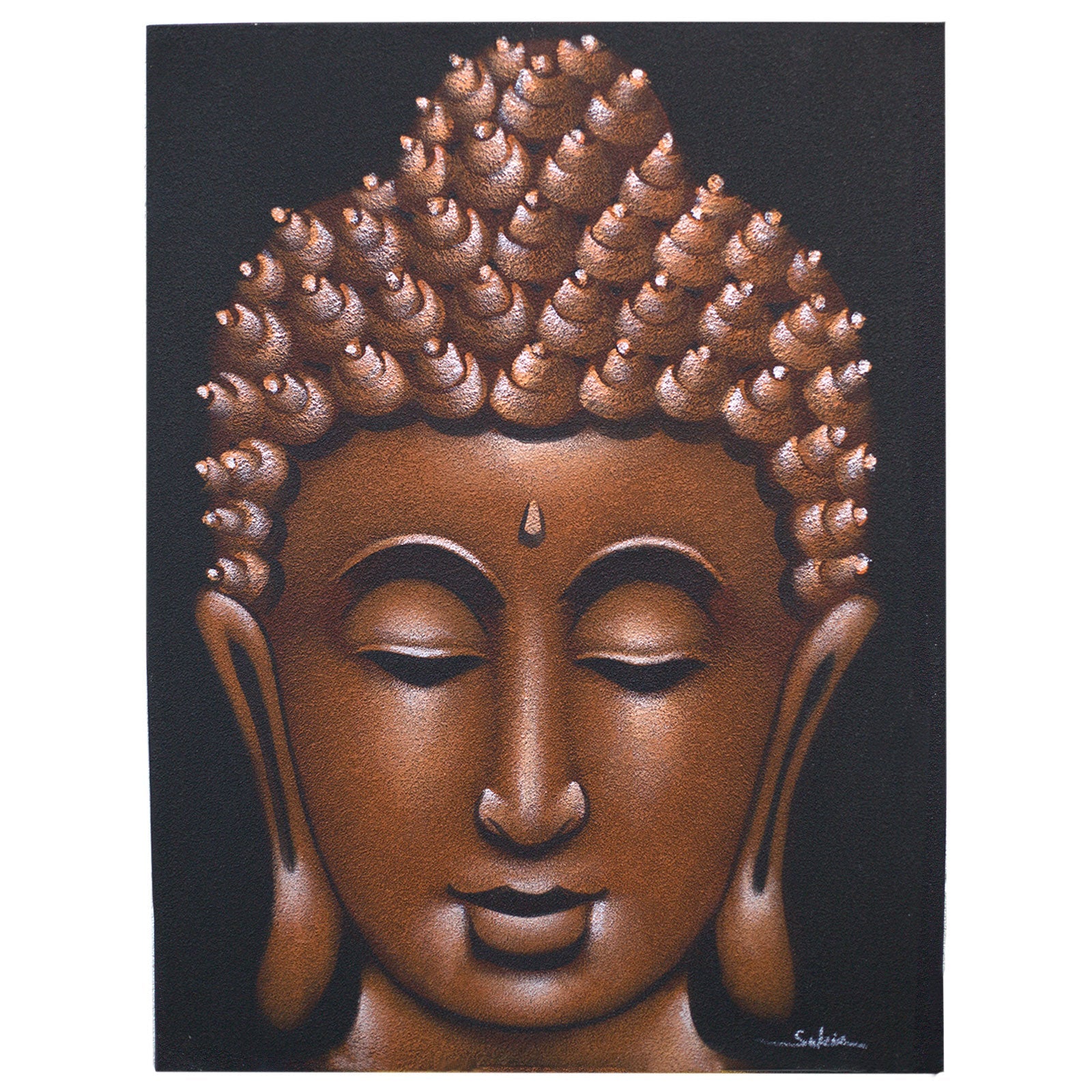 Hand-Painted Buddha Painting - Copper Sand Finish, showing a copper Buddha head with closed eyes on black, by Quintessential Holistic Health Ltd