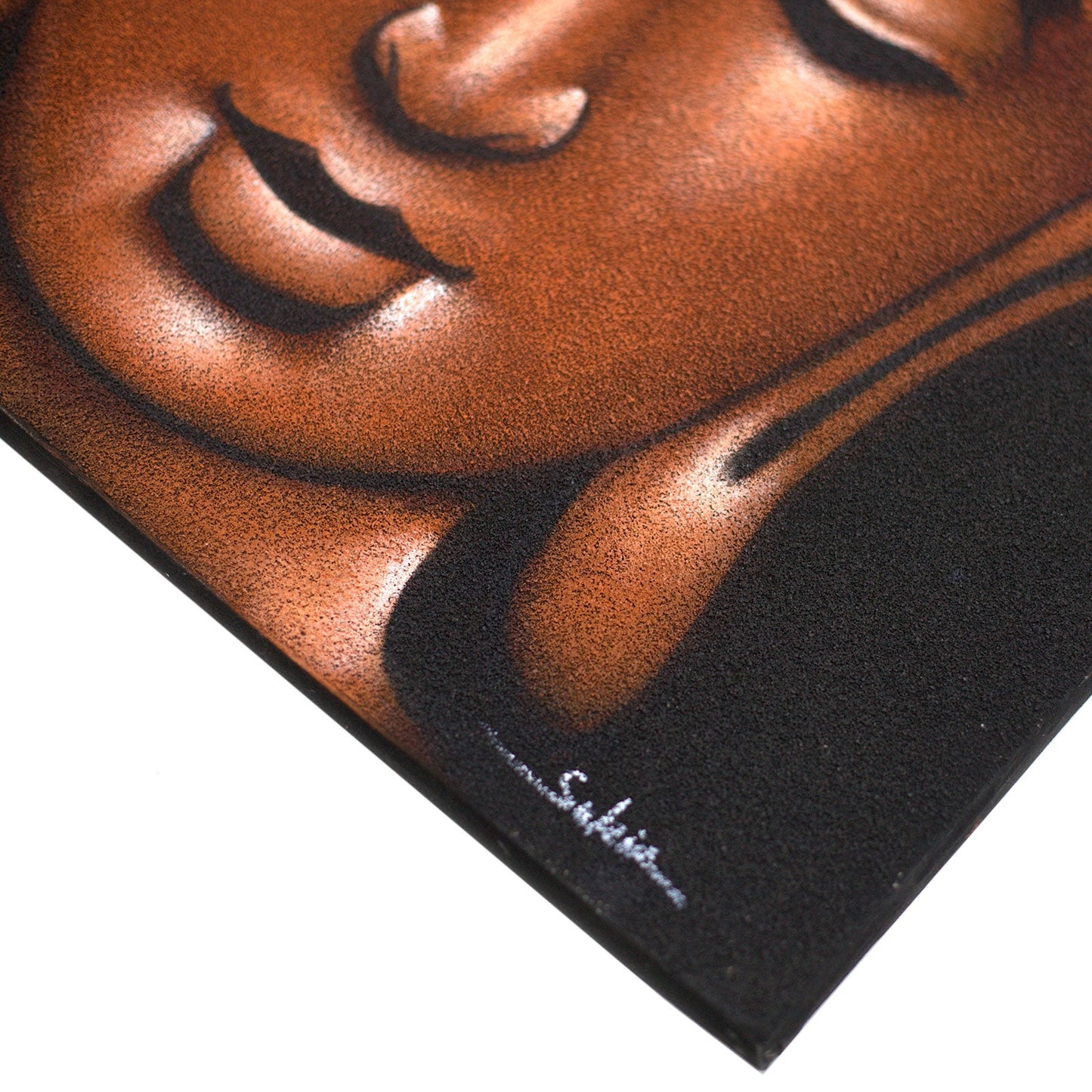 Hand-Painted Buddha Painting - Copper Sand Finish, close-up of the copper lips, chin and elongated earlobe on black, by Quintessential Holistic Health Ltd