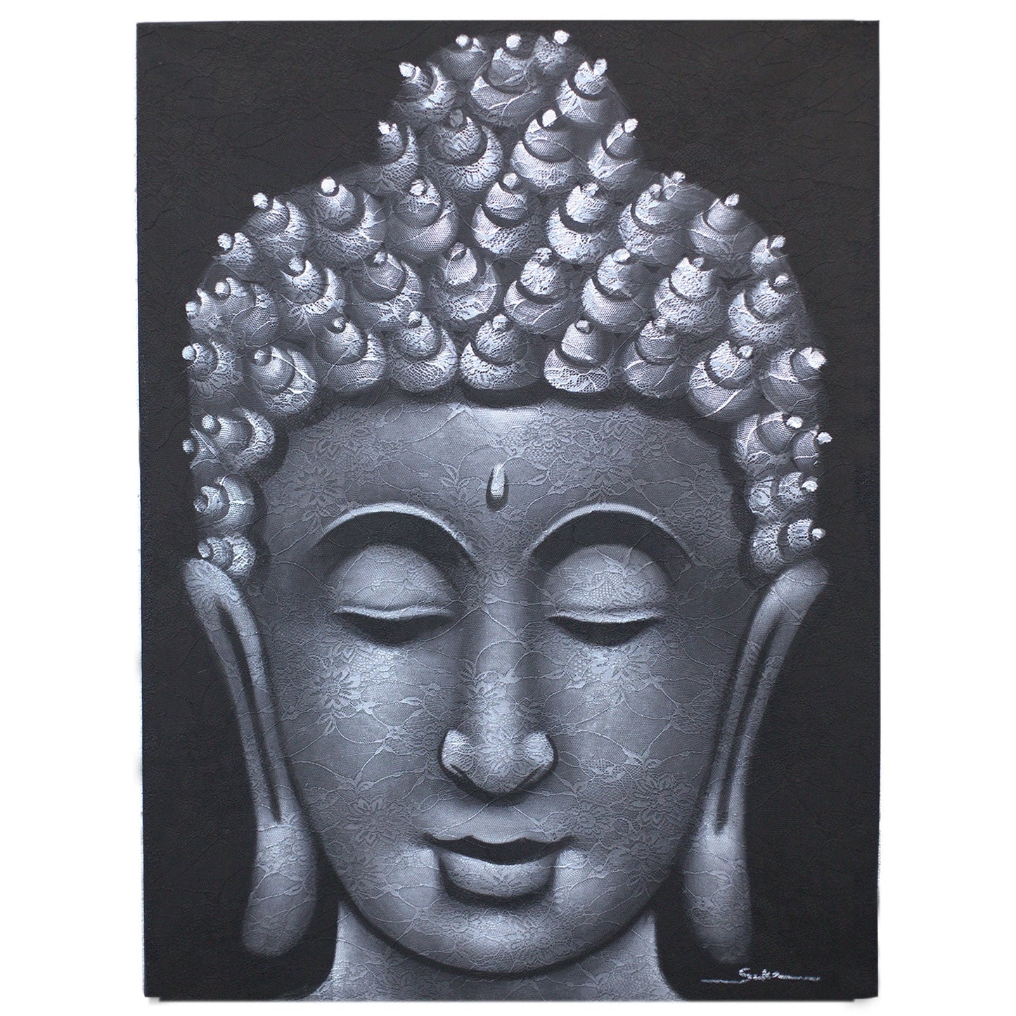 Hand-Painted Buddha Painting - Grey Brocade Detail, grey Buddha head with closed eyes and patterned face against black by Quintessential Holistic Health Ltd
