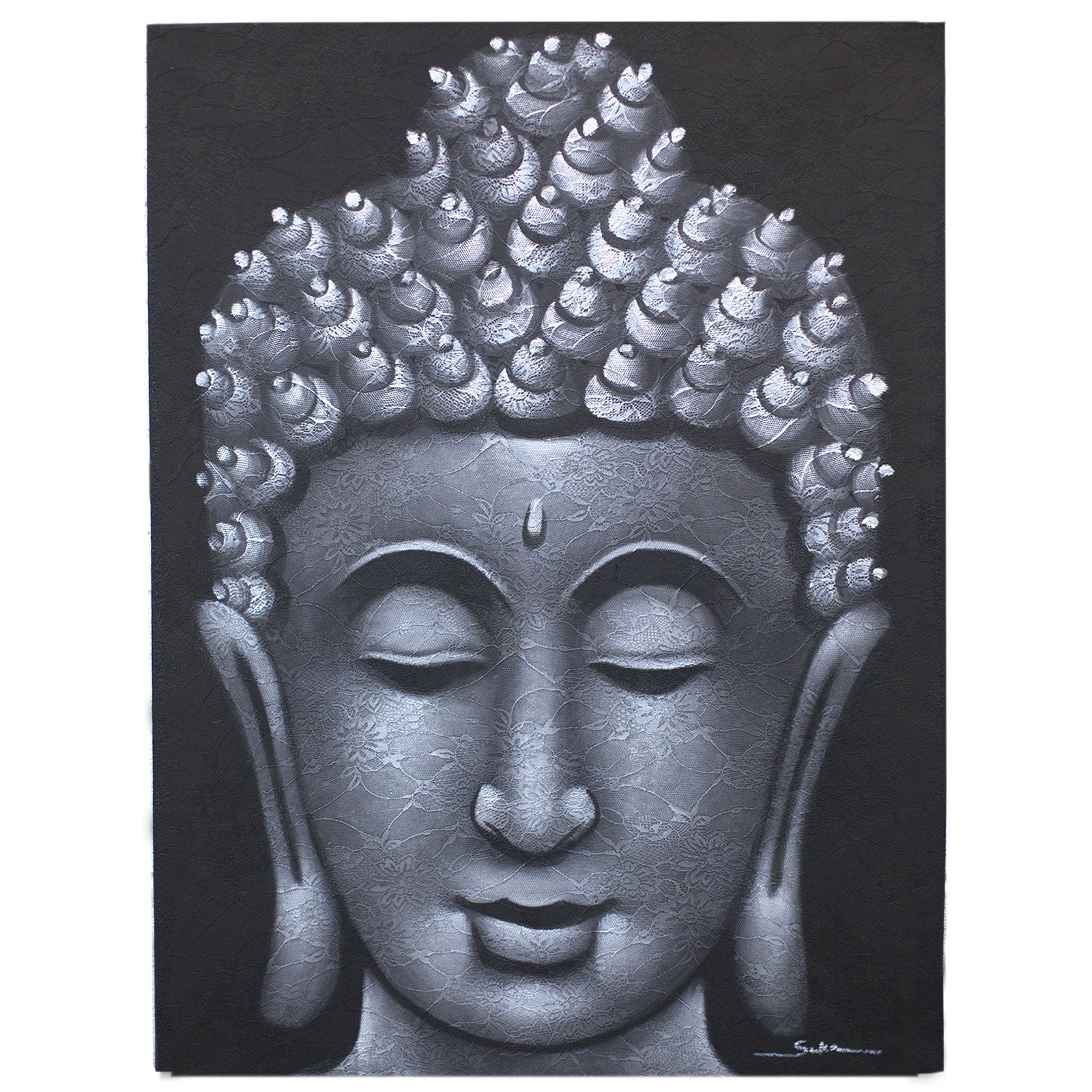 Hand-Painted Buddha Painting - Grey Brocade Detail, grey Buddha head with closed eyes and patterned face against black by Quintessential Holistic Health Ltd