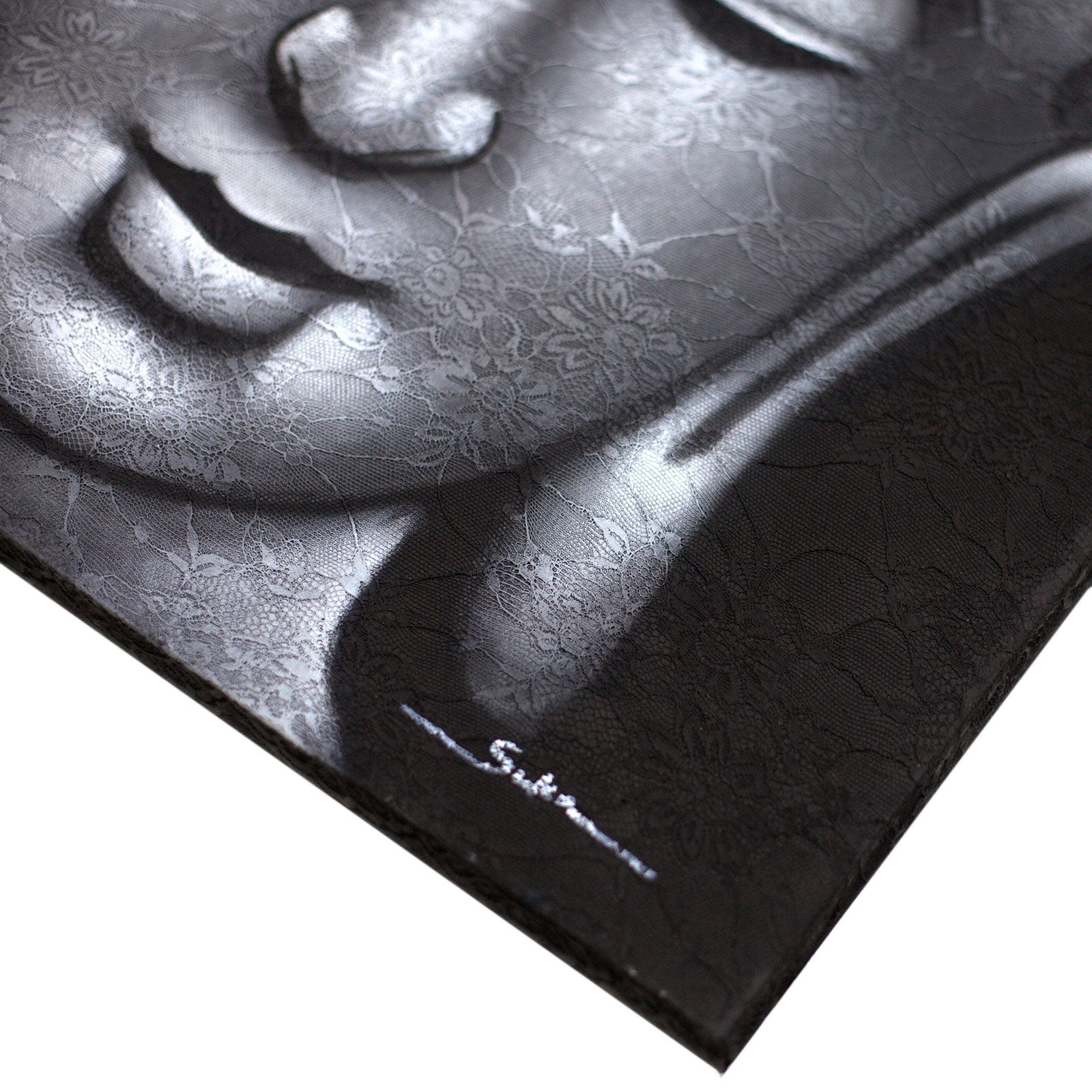 Hand-Painted Buddha Painting - Grey Brocade Detail, close-up of the patterned face, lips, neck and signed corner by Quintessential Holistic Health Ltd