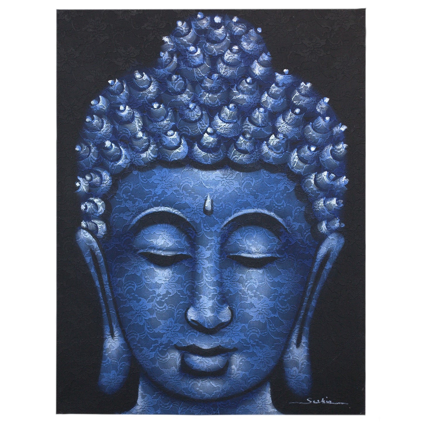 Hand-Painted Buddha Painting - Blue Brocade Detail, serene blue face with textured curls and closed eyes, by Quintessential Holistic Health Ltd