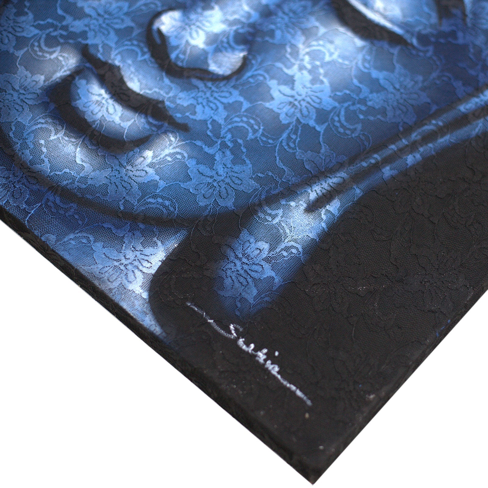 Hand-Painted Buddha Painting - Blue Brocade Detail, close view of the blue face, floral patterning and signed corner, by Quintessential Holistic Health Ltd