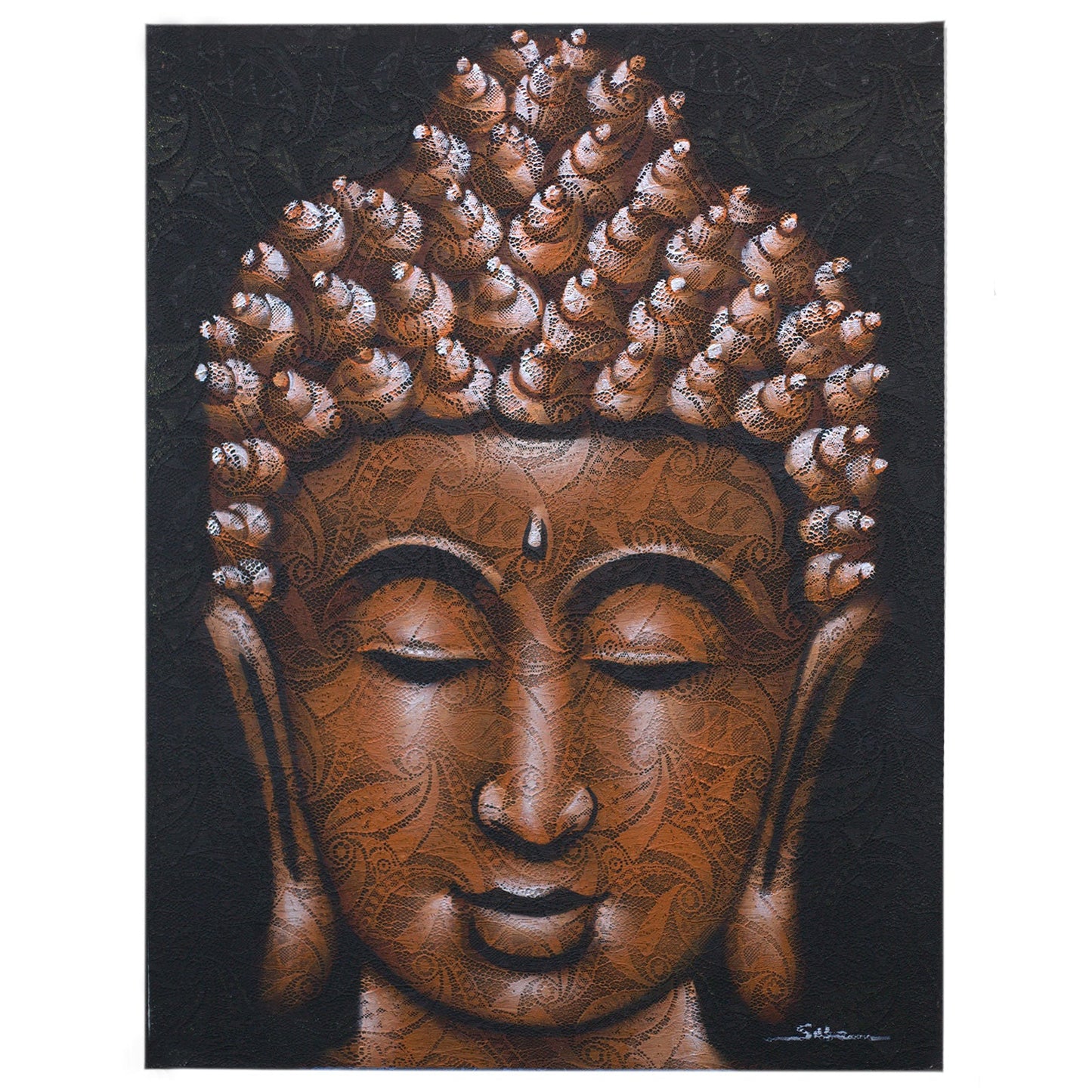 Hand-Painted Buddha Painting - Copper Brocade Detail, showing a copper Buddha head with closed eyes and patterned features on black, by Quintessential Holistic Health Ltd