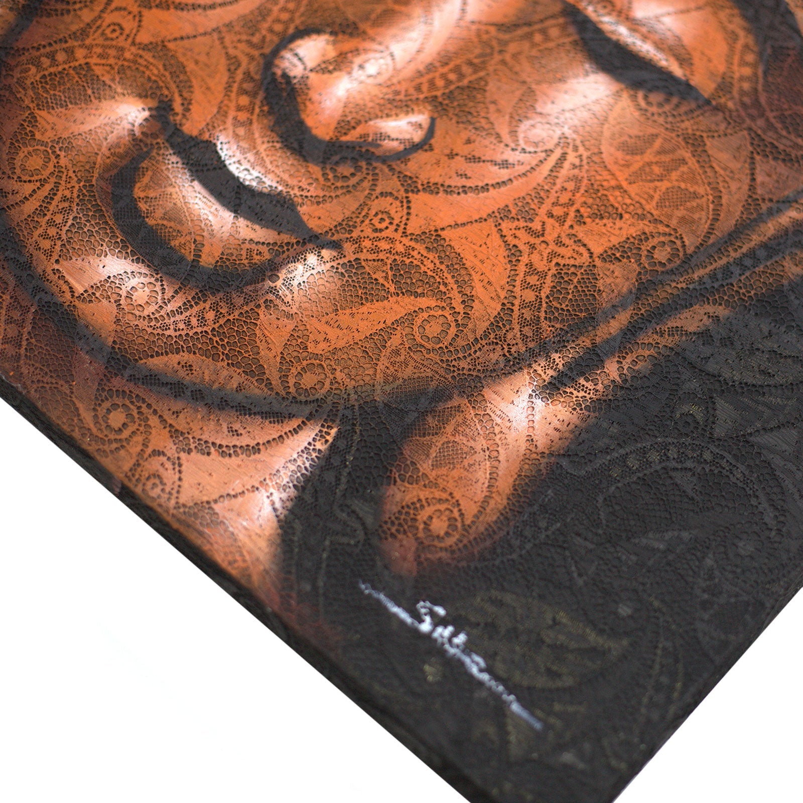 Hand-Painted Buddha Painting - Copper Brocade Detail, close-up of the patterned copper face, closed eye and lips, by Quintessential Holistic Health Ltd
