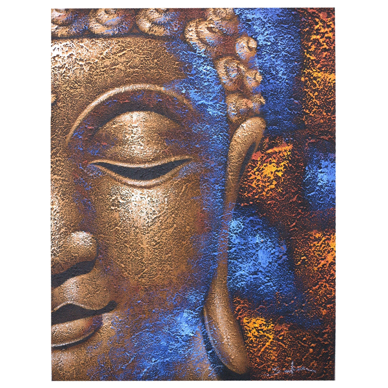 Hand-Painted Buddha Painting - Copper Face, showing half a copper Buddha face against textured blue and orange, by Quintessential Holistic Health Ltd