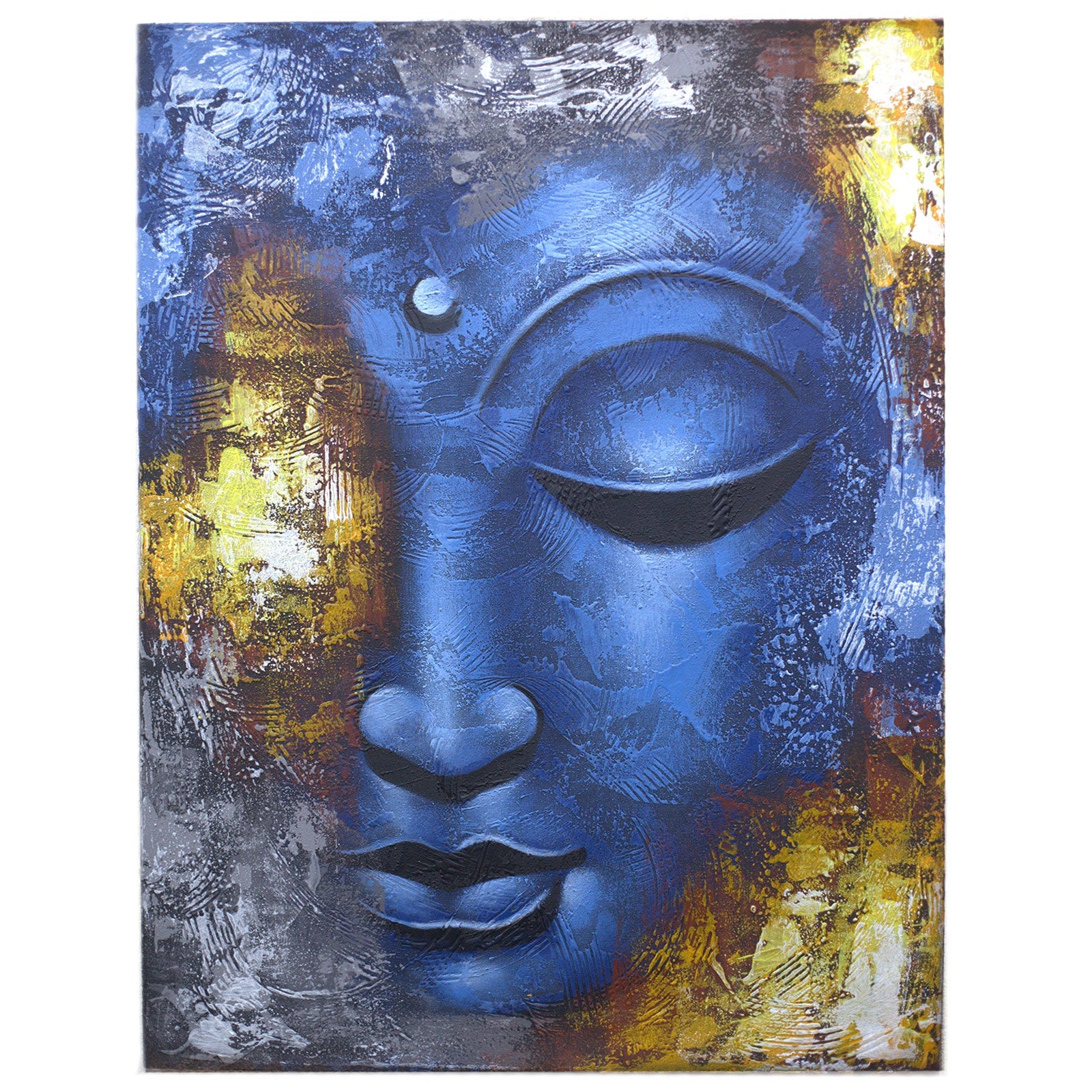 Hand-Painted Buddha Painting - Abstract Blue Face, featuring a blue Buddha face with yellow, white and dark textured accents, by Quintessential Holistic Health Ltd