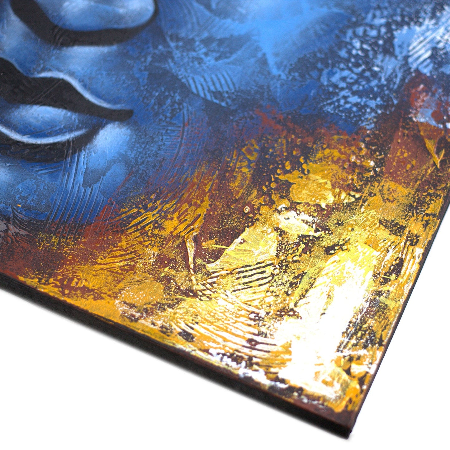 Hand-Painted Buddha Painting - Abstract Blue Face, close-up of the blue face and layered yellow, orange and white brushwork, by Quintessential Holistic Health Ltd