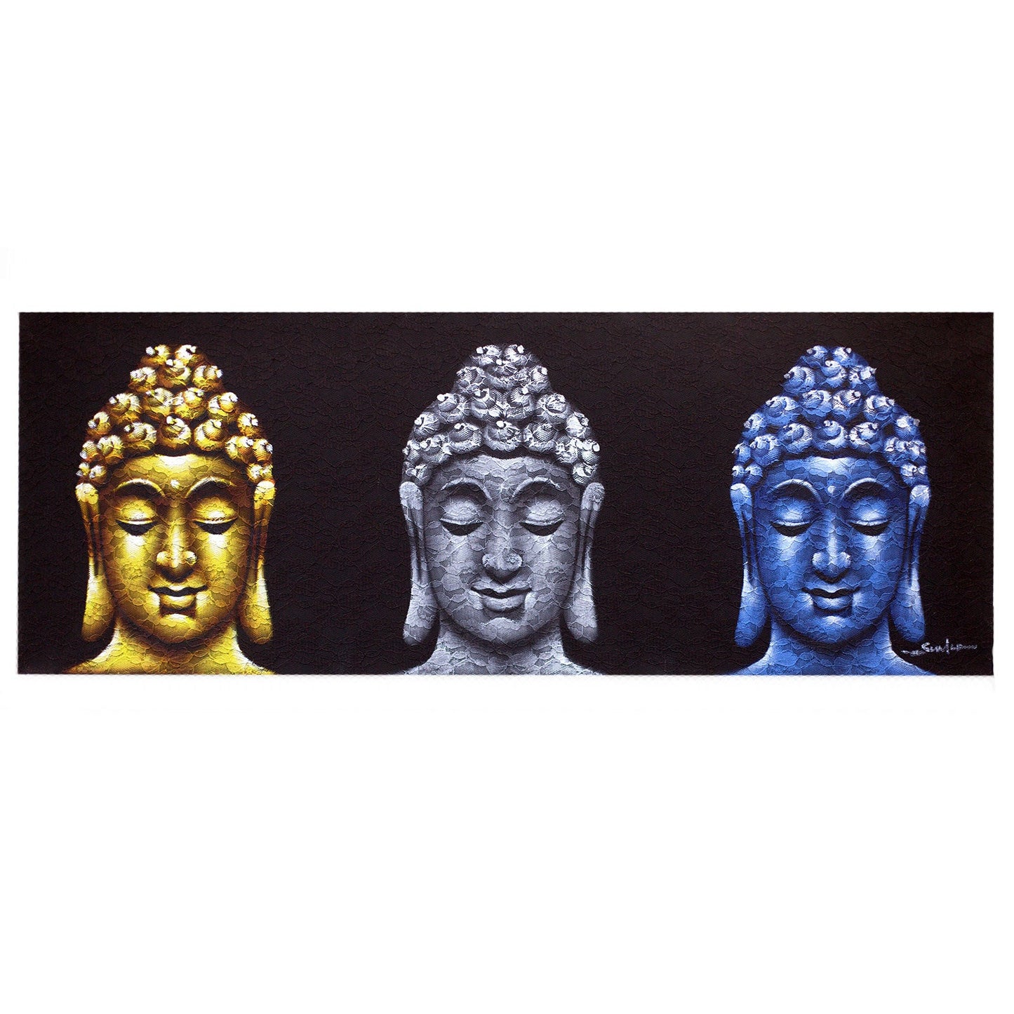 Hand Painted Buddha Painting - Black - Three Heads, gold, silver and blue Buddha heads in a row against black by Quintessential Holistic Health Ltd