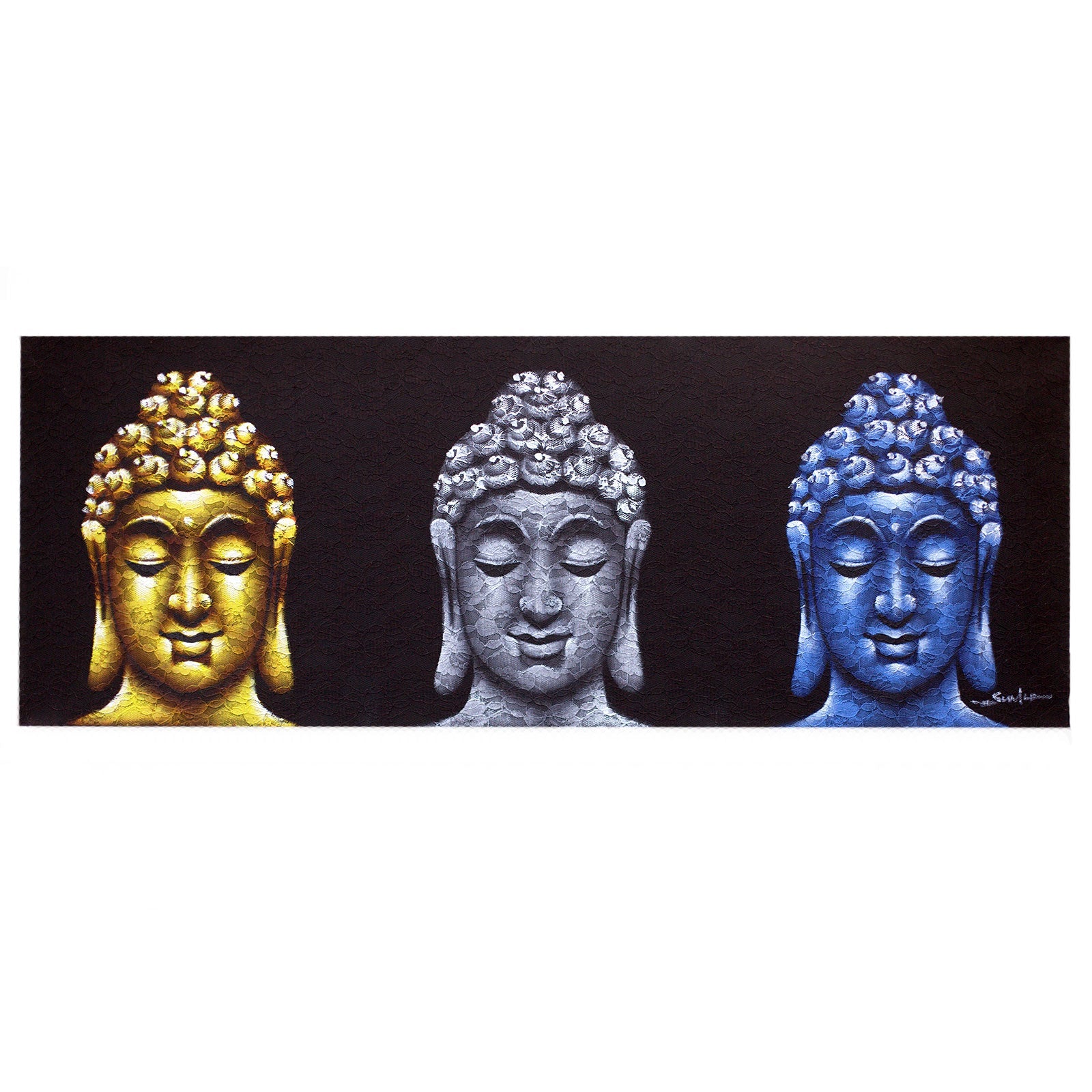 Hand Painted Buddha Painting - Black - Three Heads, gold, silver and blue Buddha heads in a row against black by Quintessential Holistic Health Ltd
