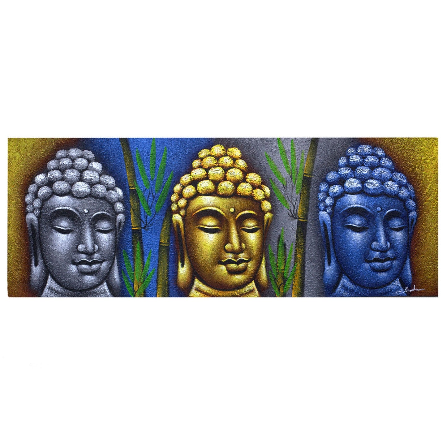 Hand Painted Buddha Painting - Bamboo - Three Heads, silver, gold and blue Buddha heads separated by green bamboo by Quintessential Holistic Health Ltd