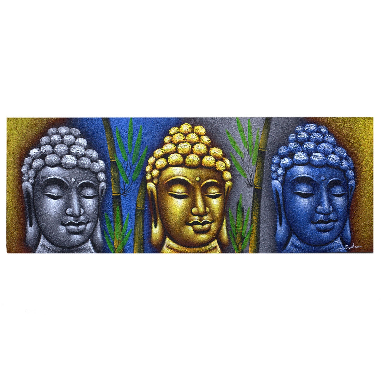Hand Painted Buddha Painting - Bamboo - Three Heads, silver, gold and blue Buddha heads separated by green bamboo by Quintessential Holistic Health Ltd