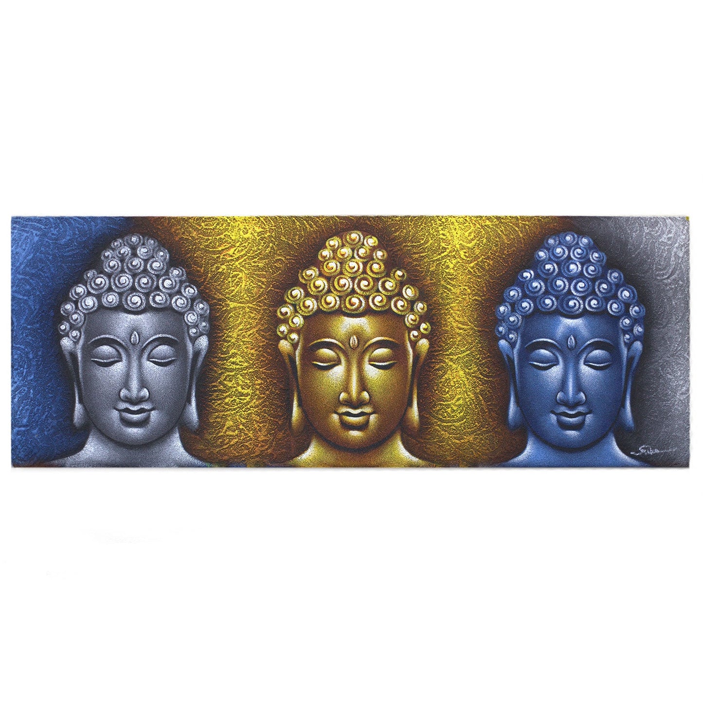 Hand-Painted Buddha Painting - Gold Detail - Three Head, silver, gold and blue Buddha heads with glowing halos by Quintessential Holistic Health Ltd