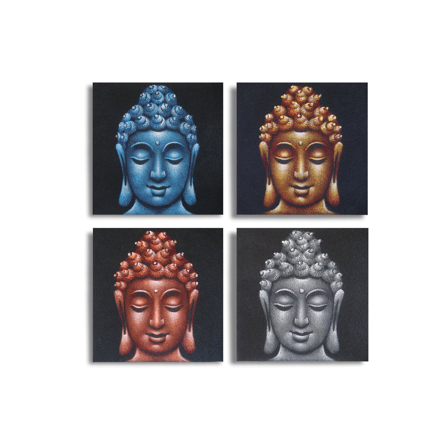 Set of 4 Hand Painted Buddha Heads - Small / Sand Detail product packaging on clean background from Quintessential Holistic Health Ltd