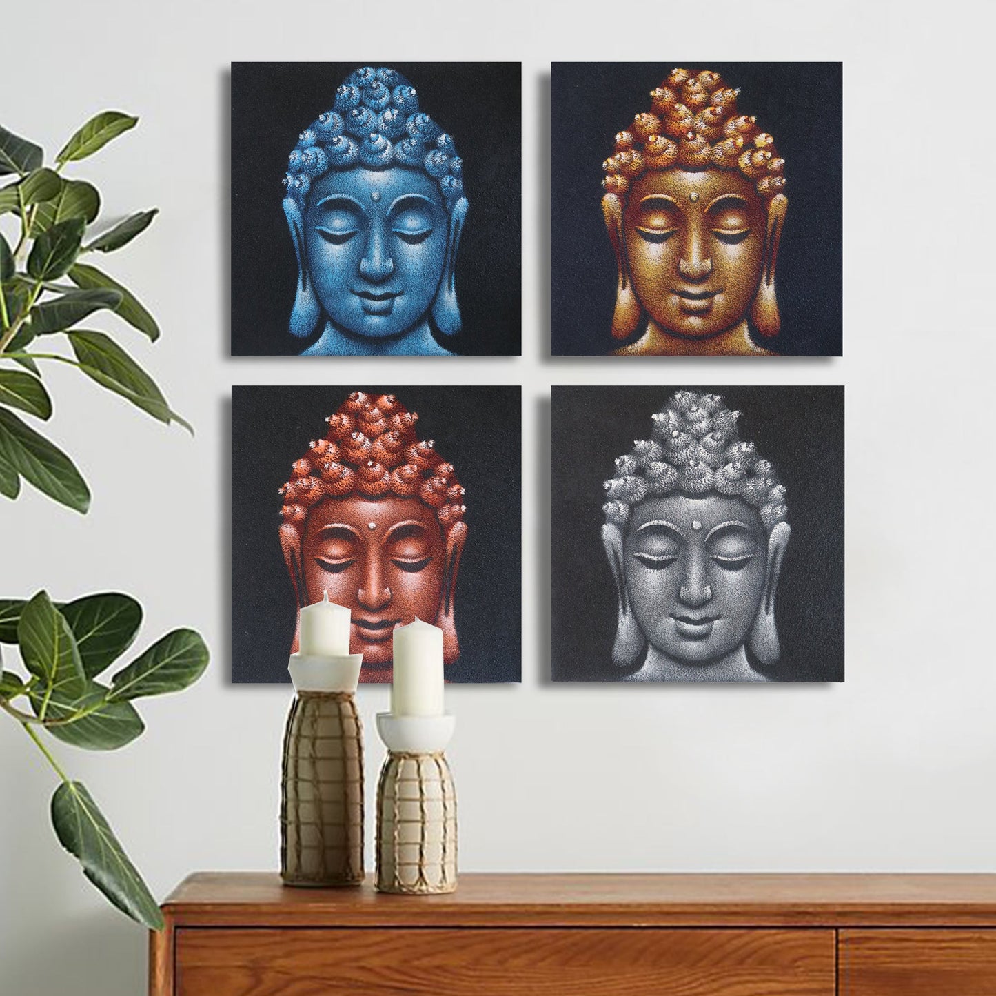 Set of 4 Hand Painted Buddha Heads - Large / Sand Detail product packaging on clean background from Quintessential Holistic Health Ltd