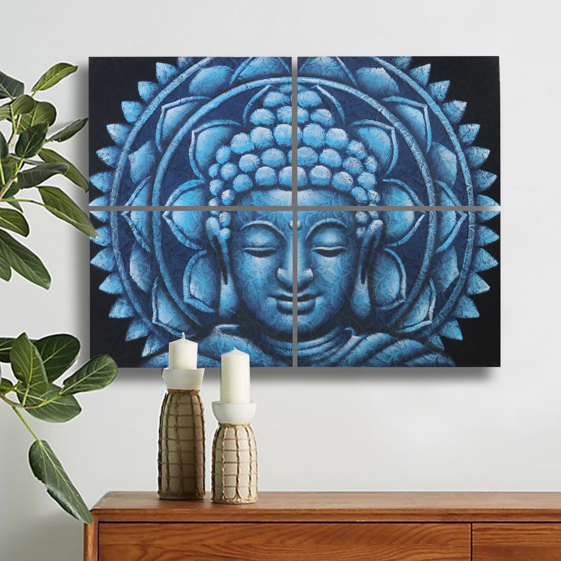 Set of 4 Hand Painted Buddha Mandala - Blue Brocade Detail product packaging on clean background from Quintessential Holistic Health Ltd
