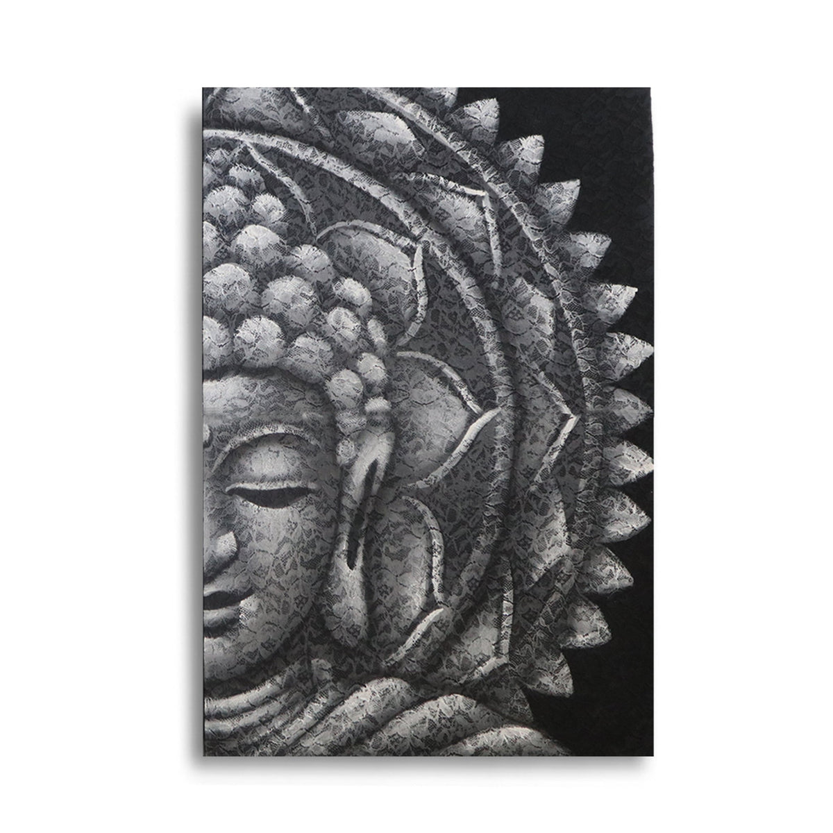 Hand-Painted Grey Half Buddha Mandala - 60 × 80cm with a serene half face and radiating textured pattern by Quintessential Holistic Health Ltd
