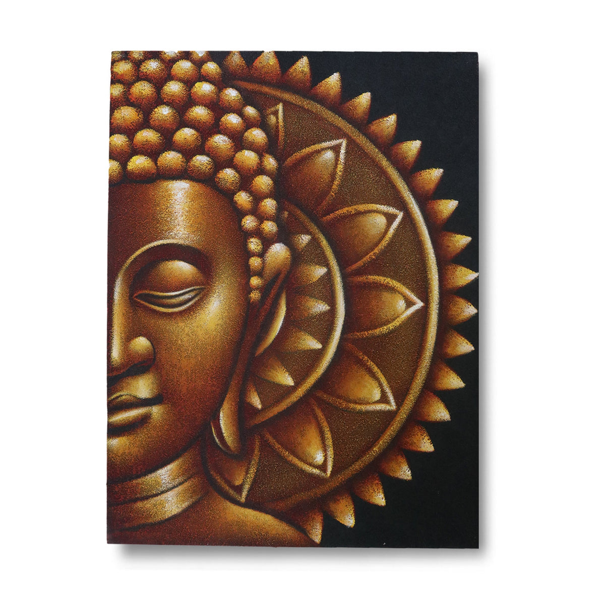 Hand-Painted Gold Half Buddha Mandala, 60 × 80 cm, rectangular artwork showing half a bronze-gold Buddha face with radiating leaf details by Quintessential Holistic Health Ltd