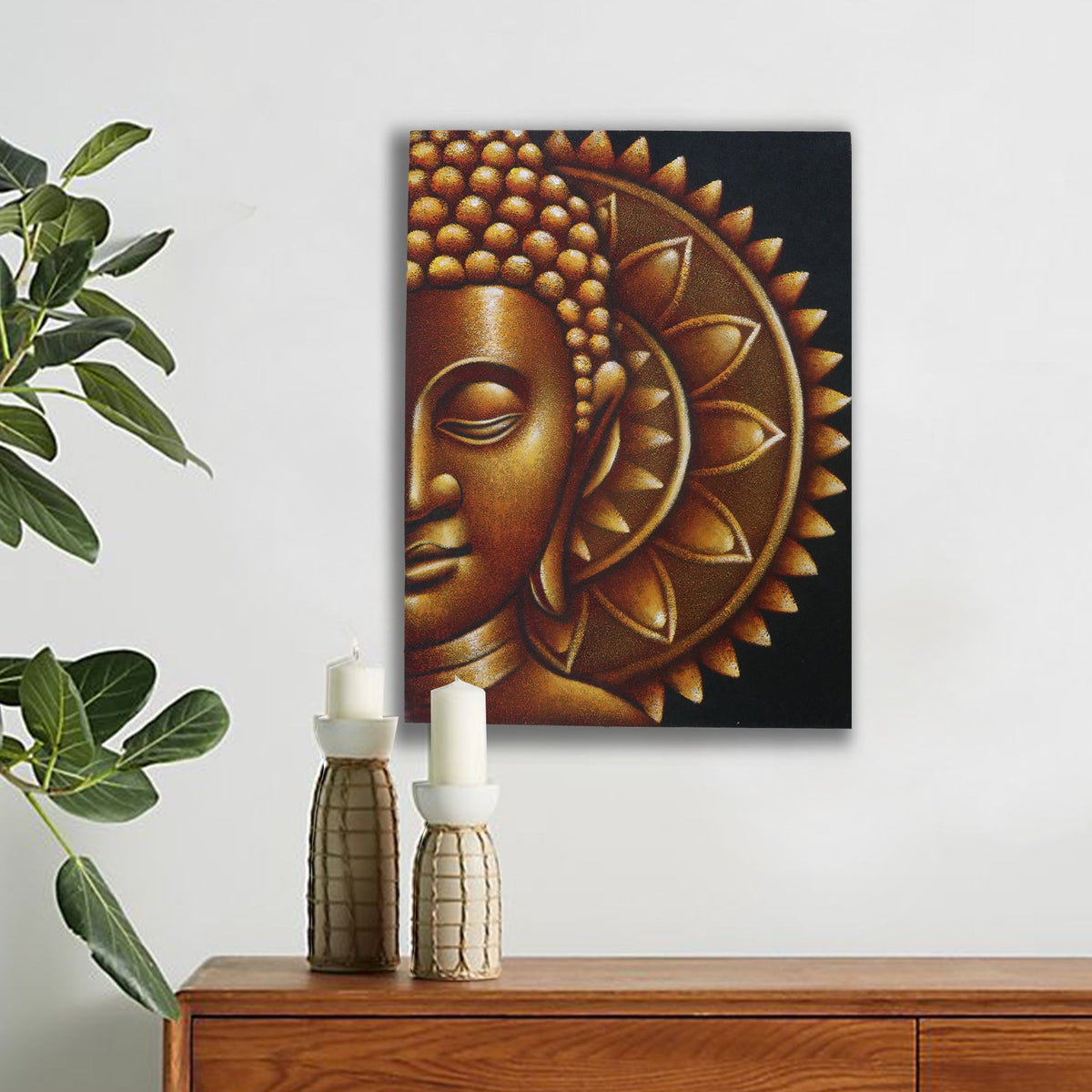 Hand-Painted Gold Half Buddha Mandala, 60 × 80 cm, displayed above a wooden cabinet with candles and leafy plants by Quintessential Holistic Health Ltd