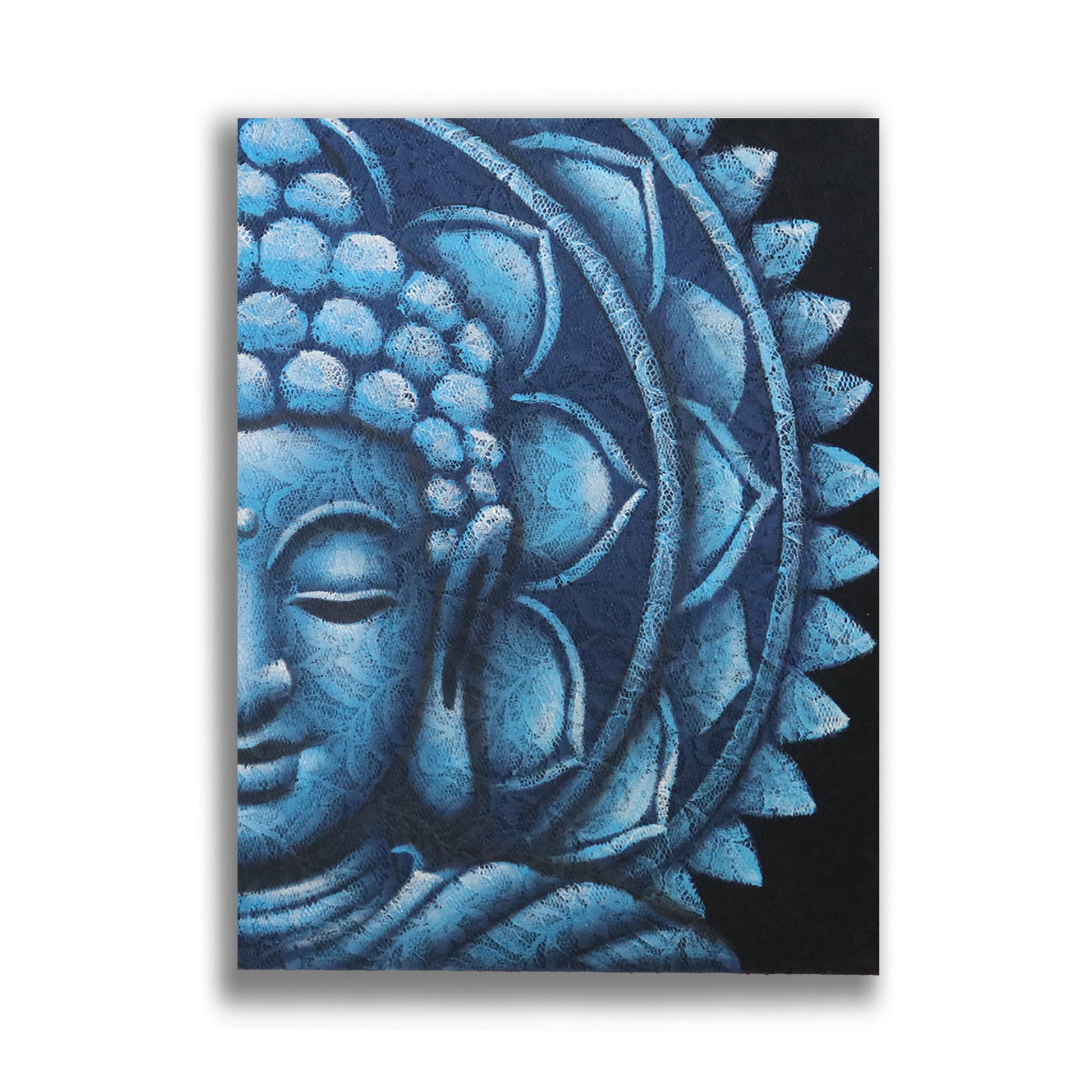 Hand-Painted Blue Half Buddha Mandala Canvas - 60 × 80cm, blue half-face Buddha with layered petal motifs by Quintessential Holistic Health Ltd