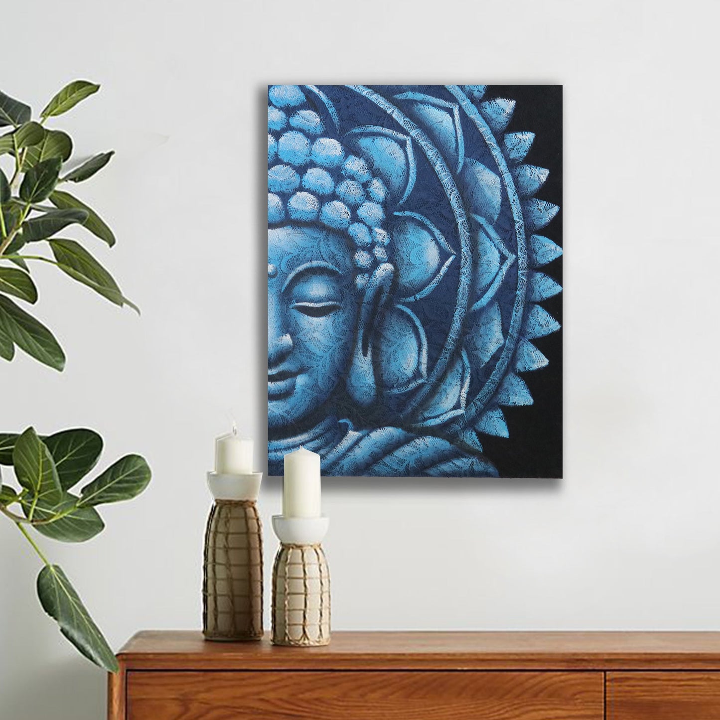 Hand-Painted Blue Half Buddha Mandala Canvas - 60 × 80cm, blue half-face Buddha artwork displayed above a wooden cabinet by Quintessential Holistic Health Ltd