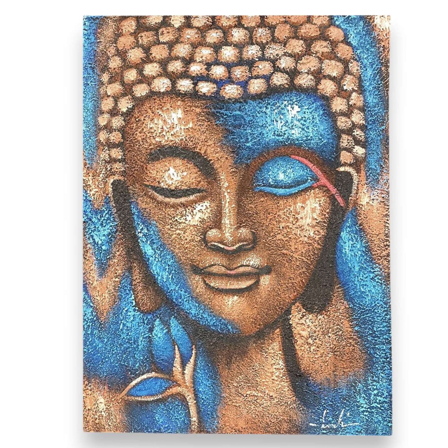 Hand-Painted Buddha Painting - Bronze and Blue Flower, with a bronze Buddha face, blue eye detail and blue floral accents, by Quintessential Holistic Health Ltd