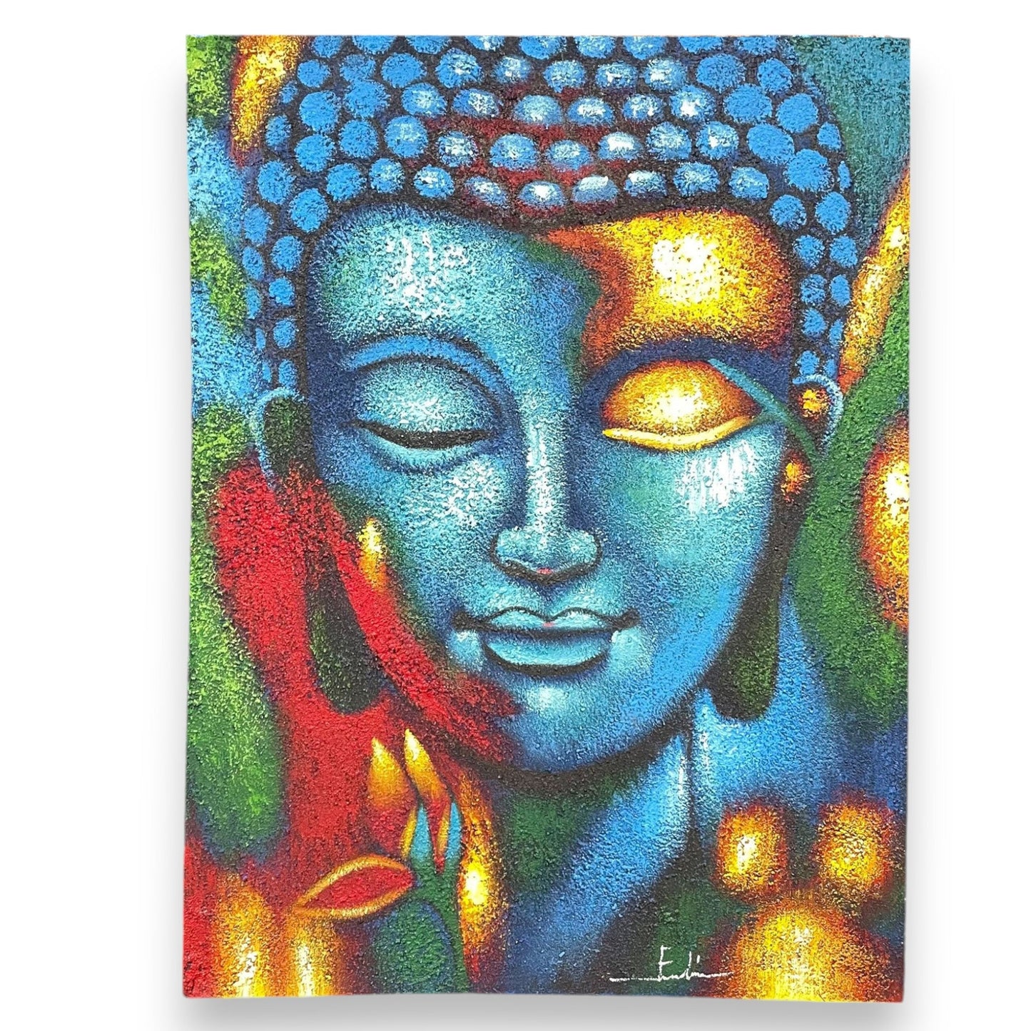 Hand-Painted Buddha Painting - Blue and Gold Flower, with a colourful Buddha face, closed eyes and red floral accents, by Quintessential Holistic Health Ltd