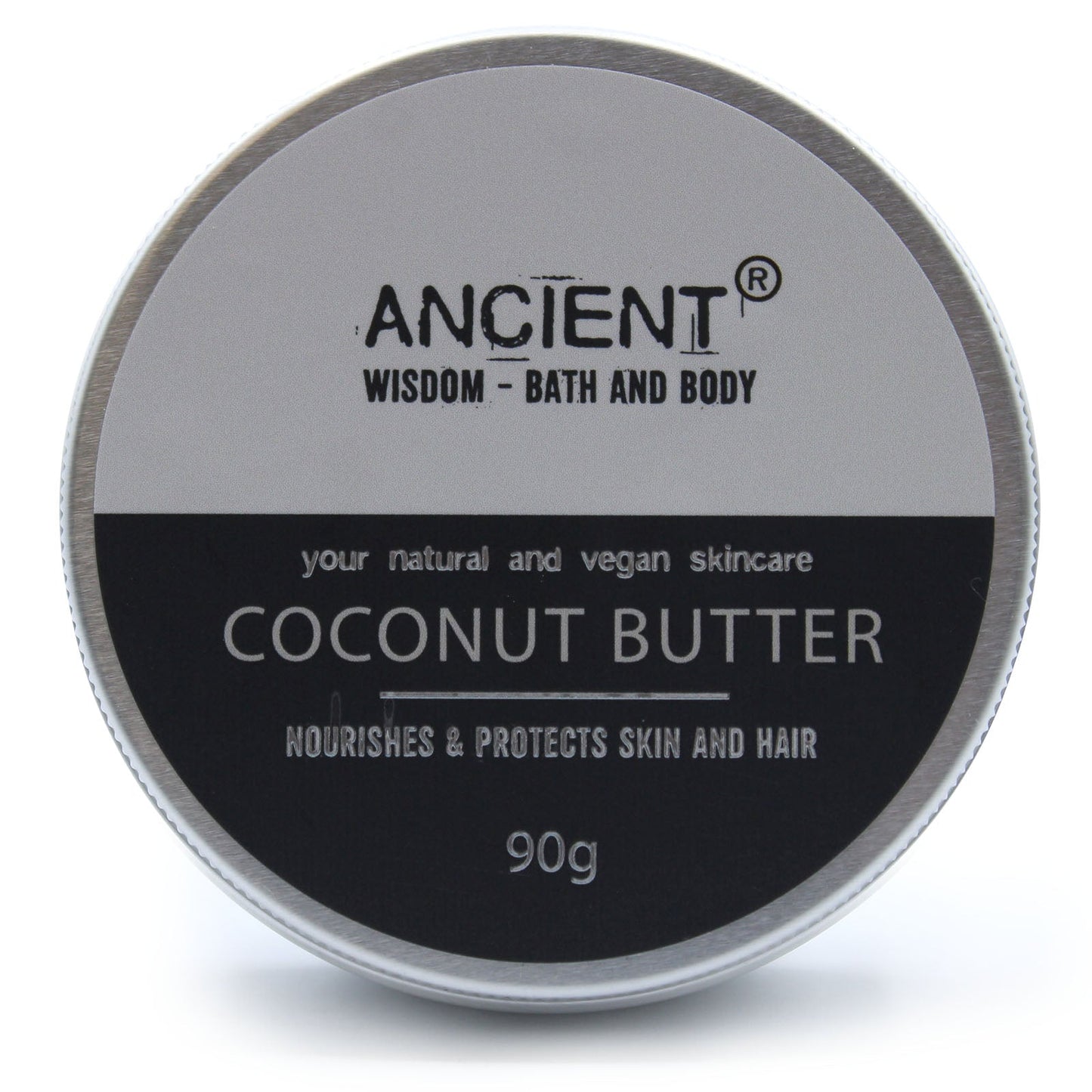 Vegan-Friendly Pure Body Butter - 90g - Coconut in a front-facing round tin with a grey-and-black label by Quintessential Holistic Health Ltd