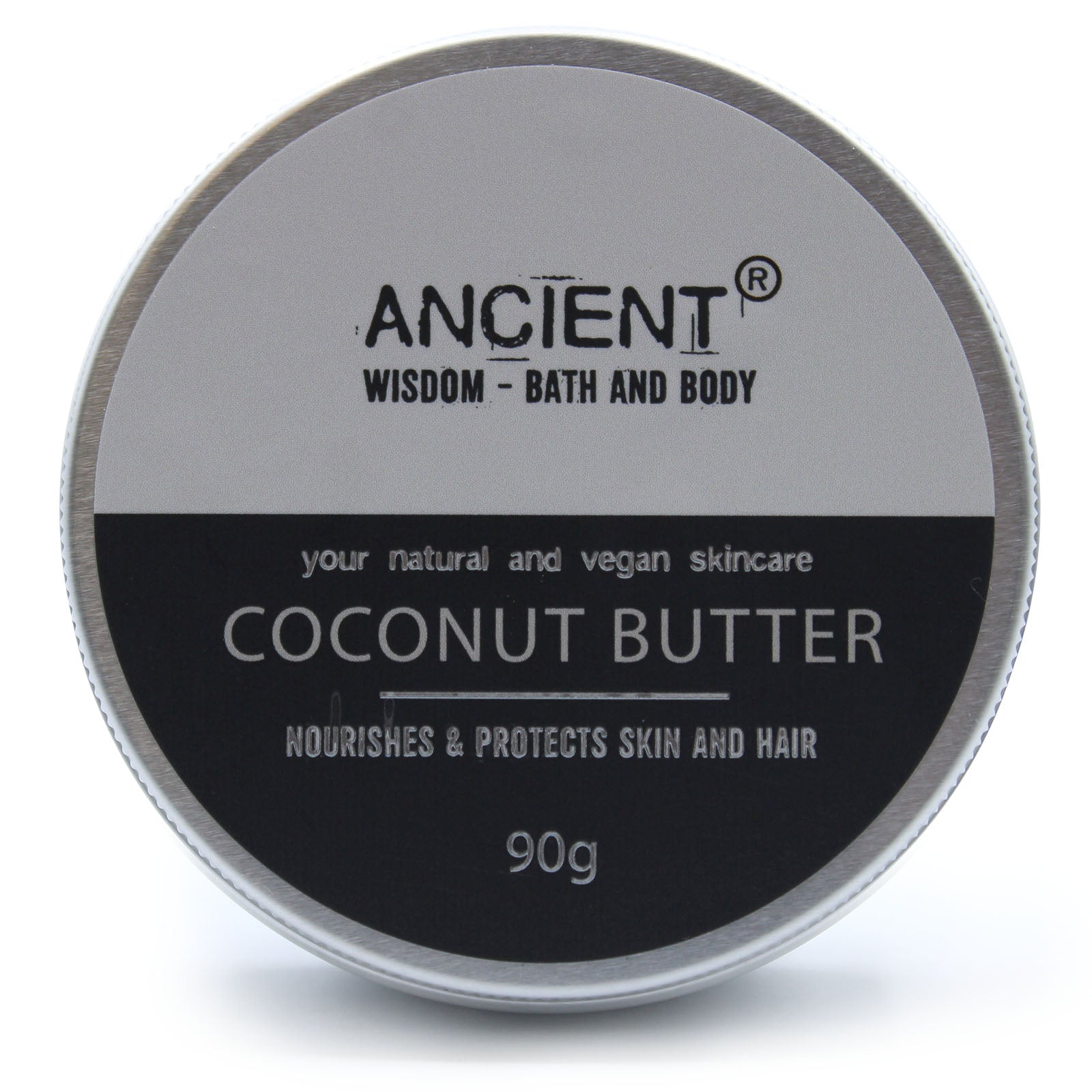 Vegan-Friendly Pure Body Butter - 90g - Coconut in a front-facing round tin with a grey-and-black label by Quintessential Holistic Health Ltd