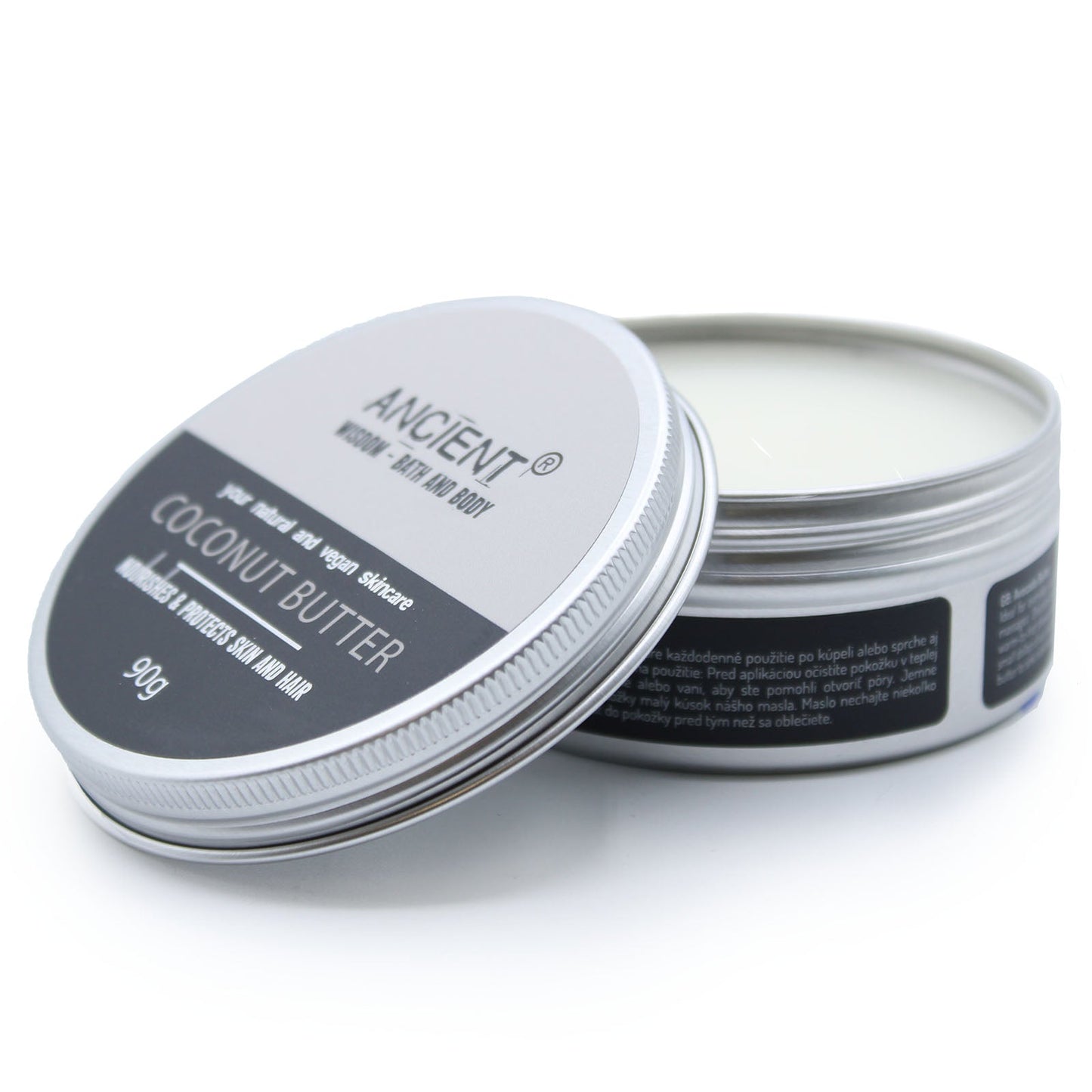 Vegan-Friendly Pure Body Butter - 90g - Coconut in an open round tin with its labelled lid tilted to the left by Quintessential Holistic Health Ltd