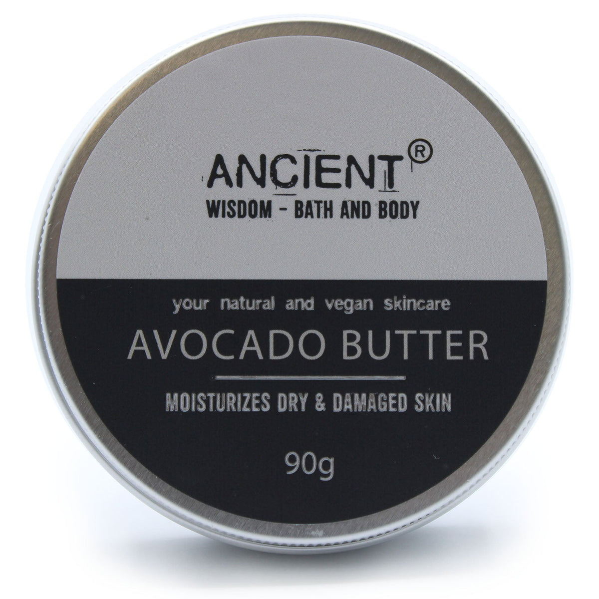 Vegan-Friendly Pure Body Butter - 90g - Avocado in a front-facing round tin with a grey-and-black label by Quintessential Holistic Health Ltd