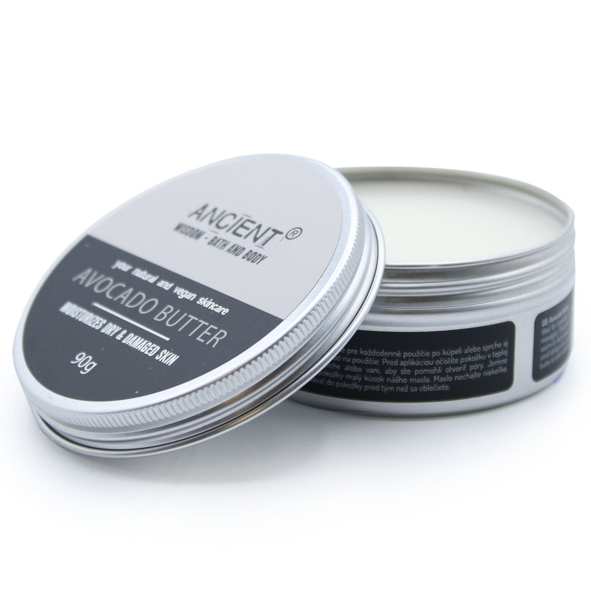 Vegan-Friendly Pure Body Butter - 90g - Avocado in an open round tin with its labelled lid leaning in front by Quintessential Holistic Health Ltd