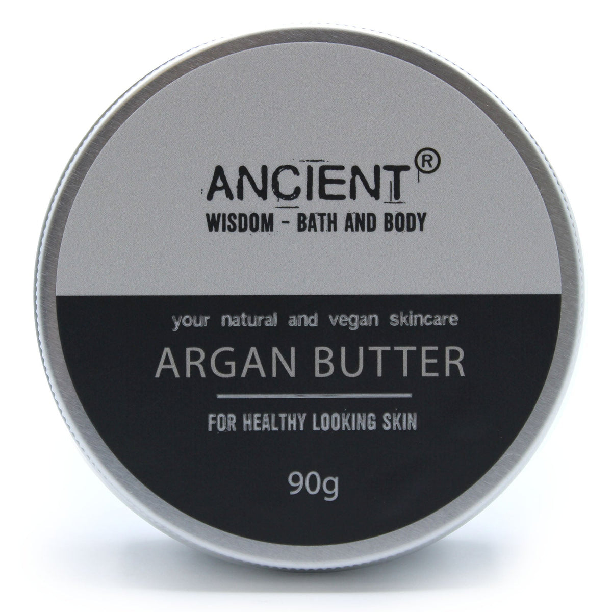 Vegan-Friendly Pure Body Butter - 90g - Argan in a front-facing round tin with a grey-and-black label by Quintessential Holistic Health Ltd