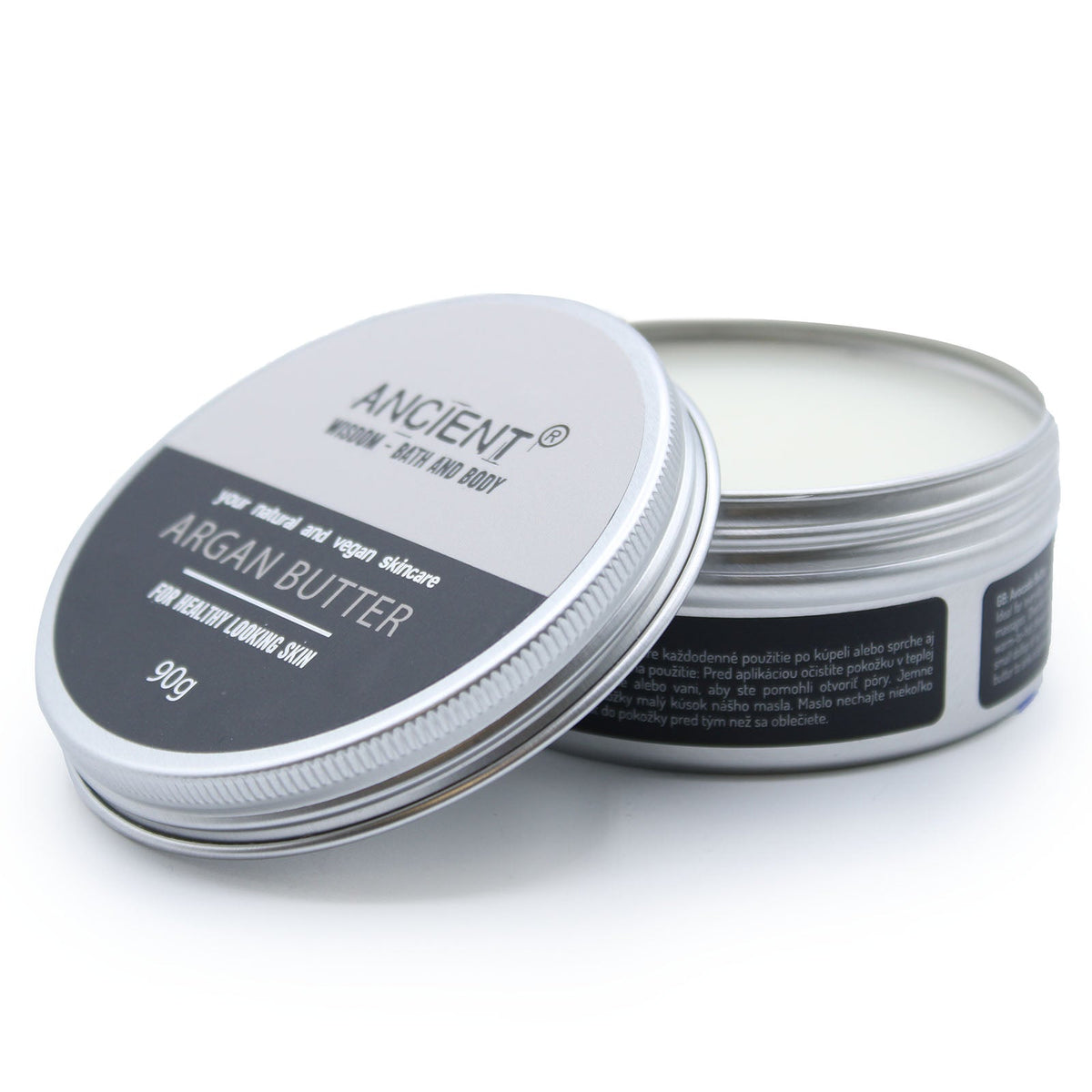 Vegan-Friendly Pure Body Butter - 90g - Argan in an open round tin with its labelled lid tilted forward by Quintessential Holistic Health Ltd