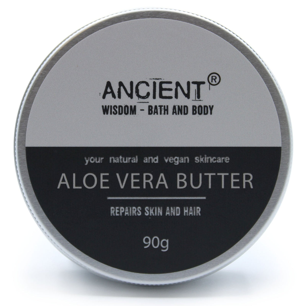 Vegan-Friendly Pure Body Butter - 90g - Aloe Vera in a front-facing round tin with a grey-and-black label by Quintessential Holistic Health Ltd