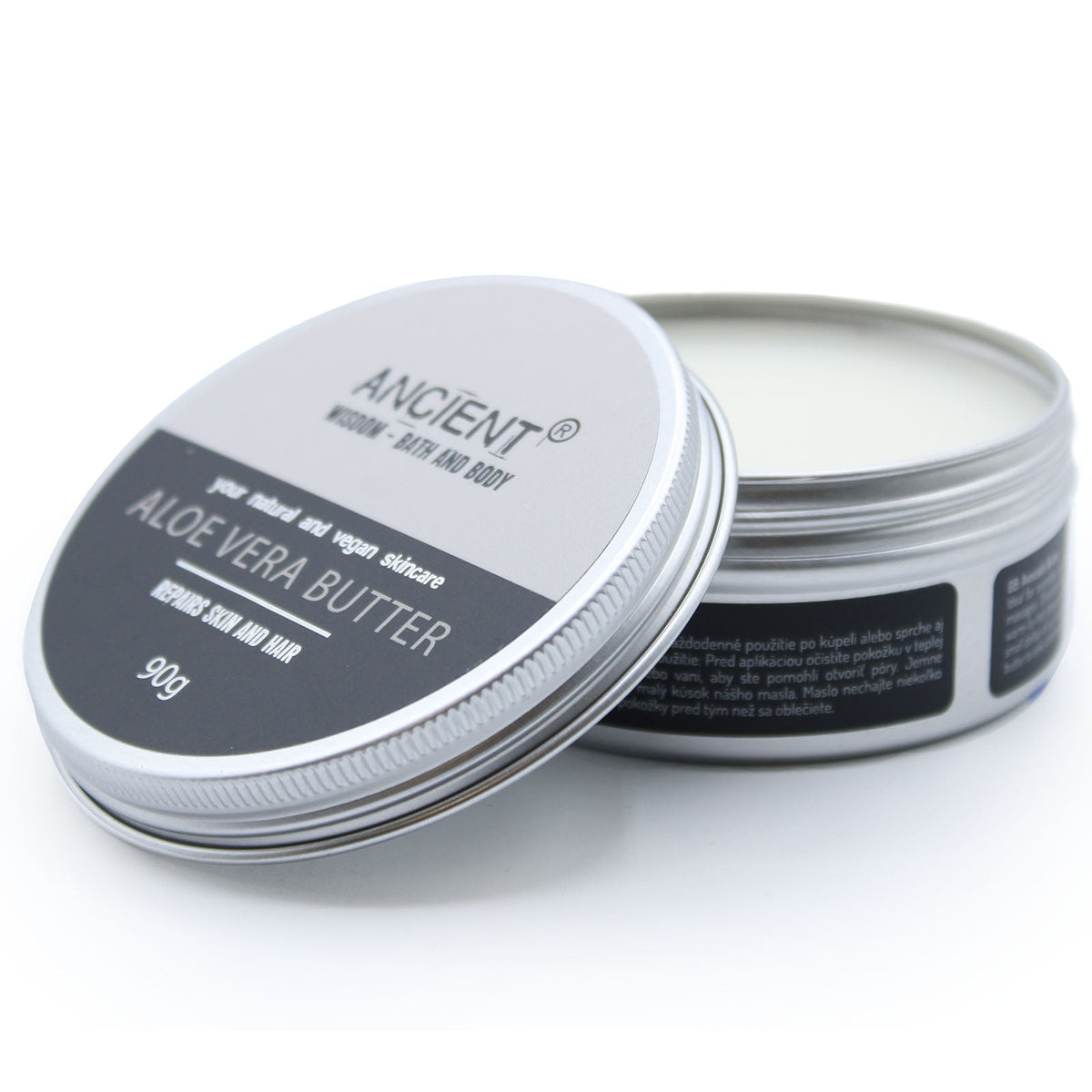 Vegan-Friendly Pure Body Butter - 90g - Aloe Vera in an open round tin with its labelled lid resting in front by Quintessential Holistic Health Ltd